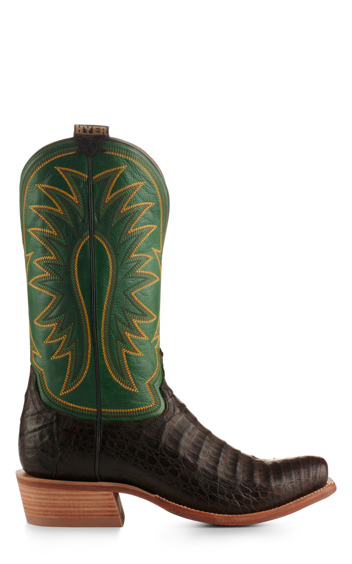 Hyer Men's Spearville Green and Coffee Matte Caiman Square Toe Exotic Cowboy Boots - Image 1