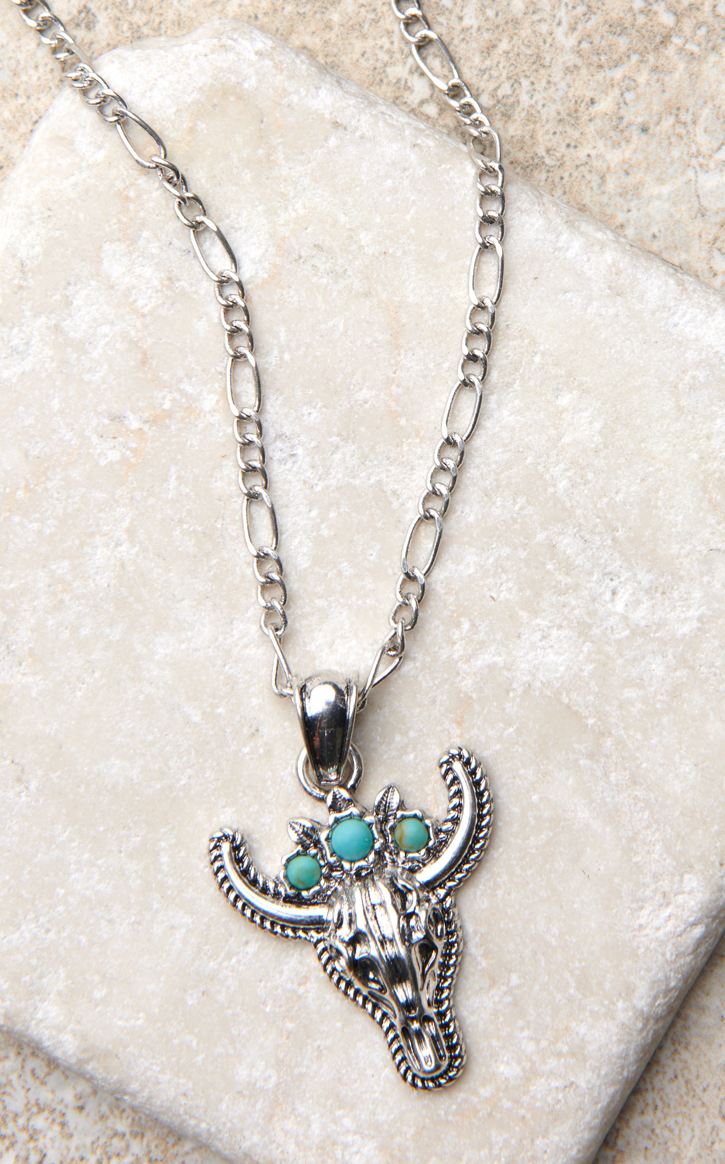 Justin Silver Skull & Turquoise Crown Pendant Necklace - Image 1