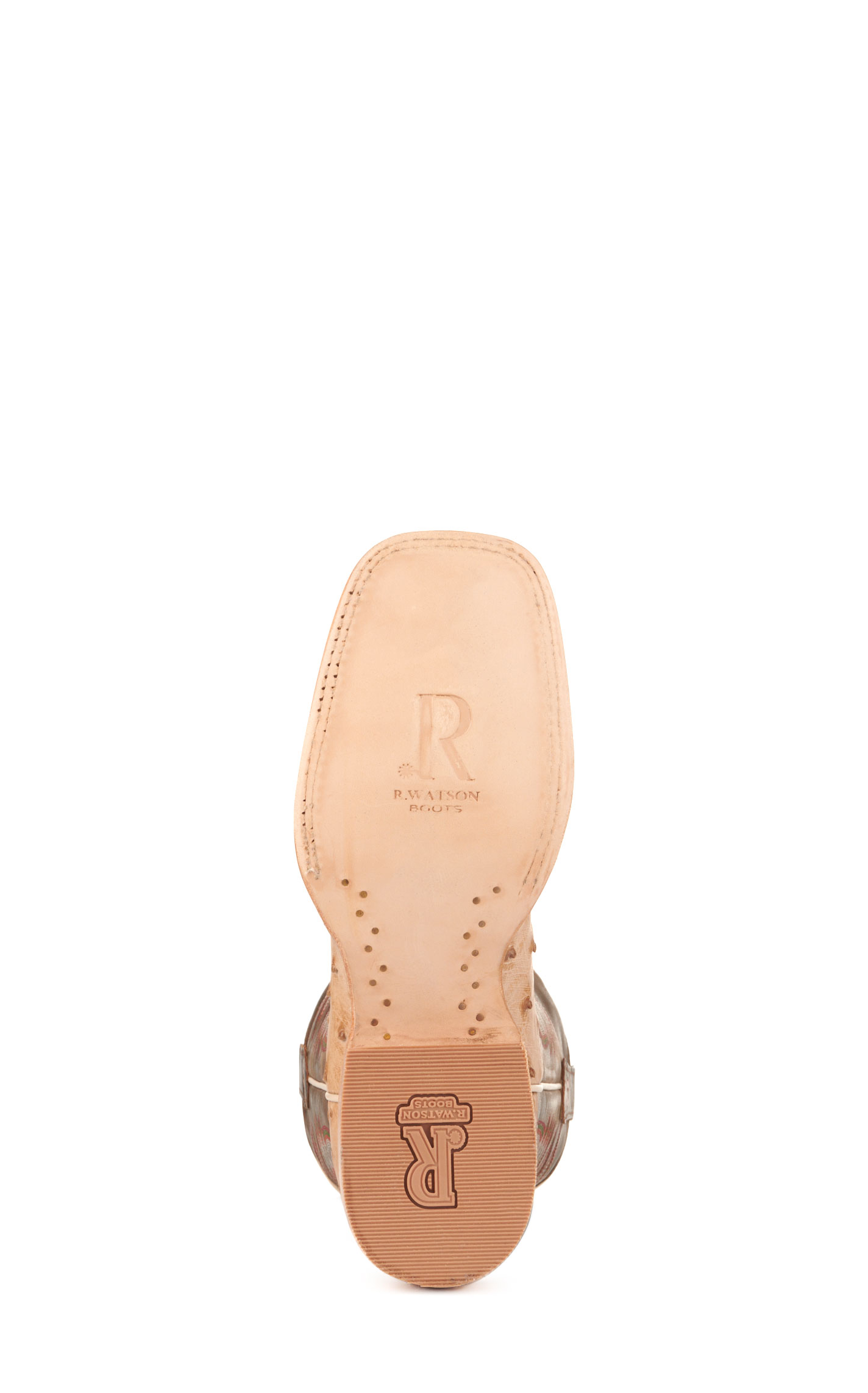 R. Watson Men's Sand Bruciato Full Quill Ostrich and Brown Wide Square Toe Cowboy Boots - Image 1