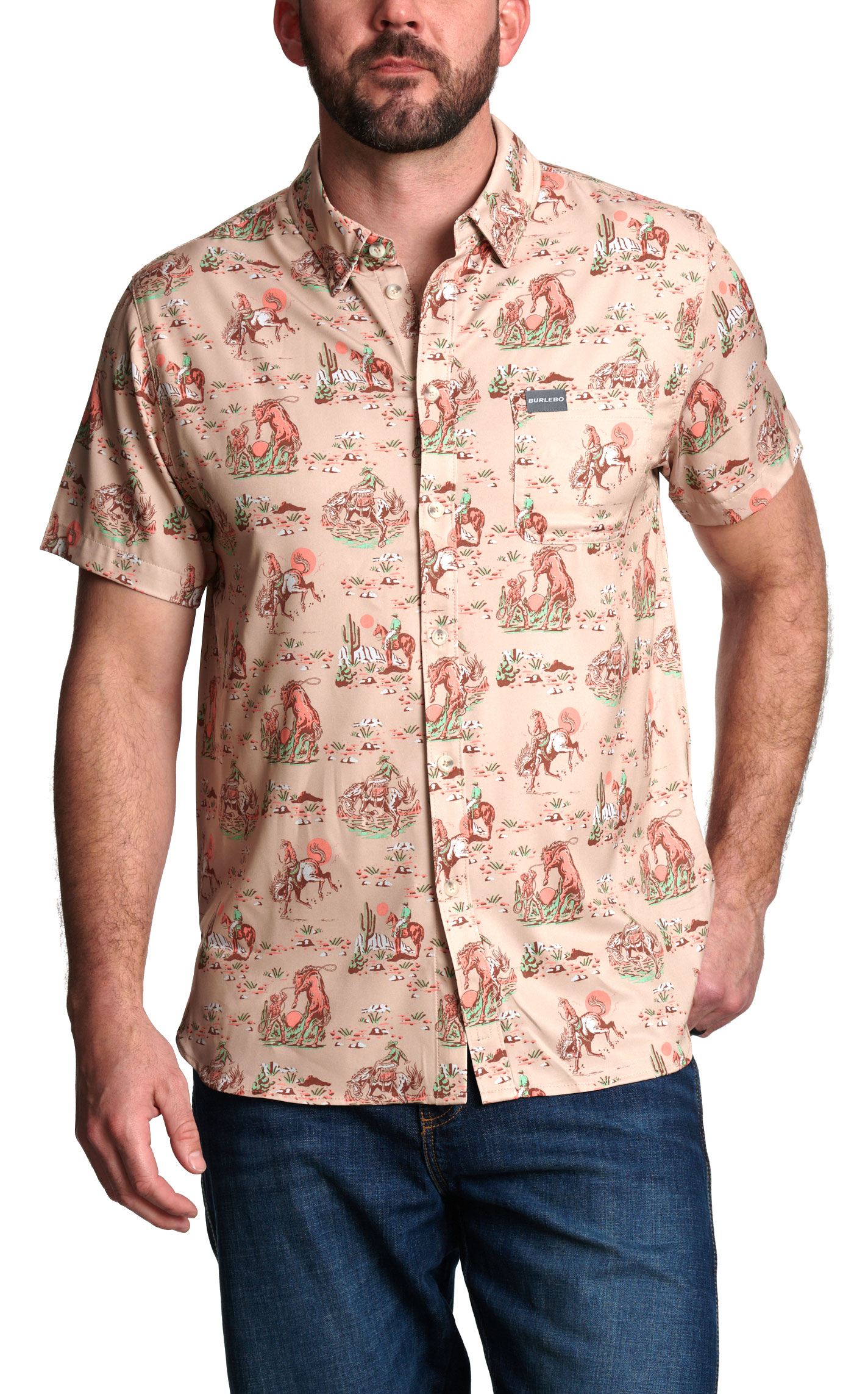 Burlebo Men's Khaki Cowboy Up Print Performance Shirt - Image 1