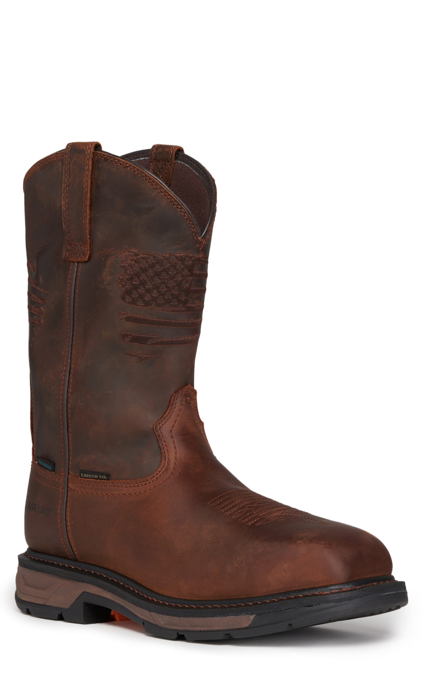 Ariat Men's WorkHog XT Patriot Distressed Brown Embroidered Flag Waterproof Square Carbon Toe Work Boot - Image 1