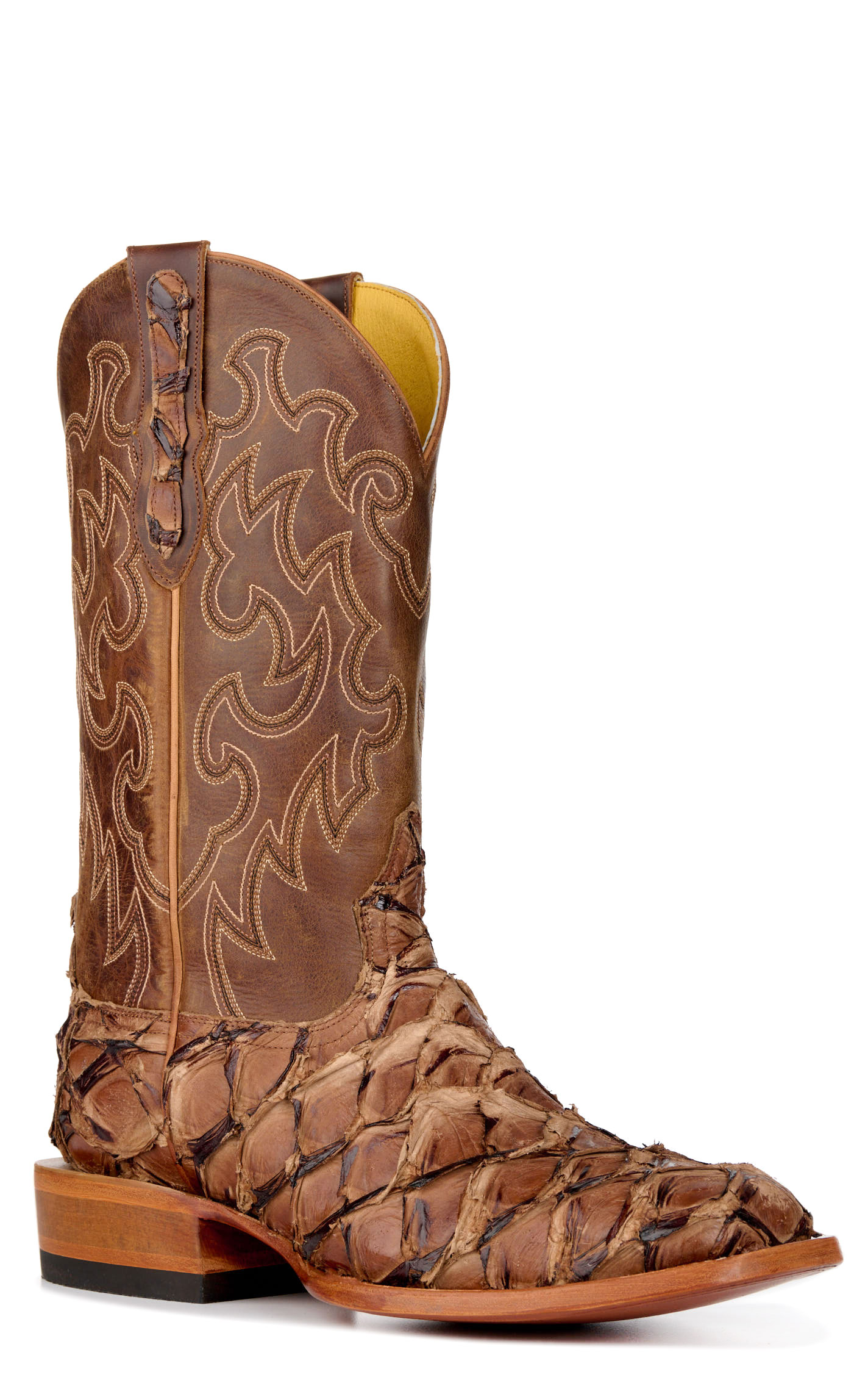 Cavender's Men's Mahogany Pirarucu & Brown Wide Square Toe Cowboy Boots - Image 1
