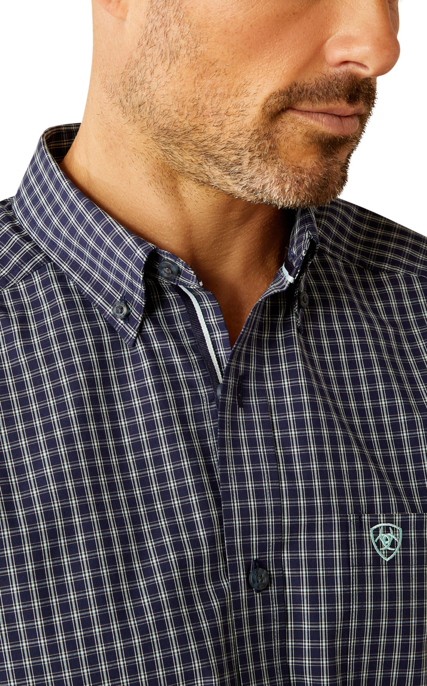 Ariat Men's Pro Series Callum Navy & White Plaid Western Shirt - Image 1