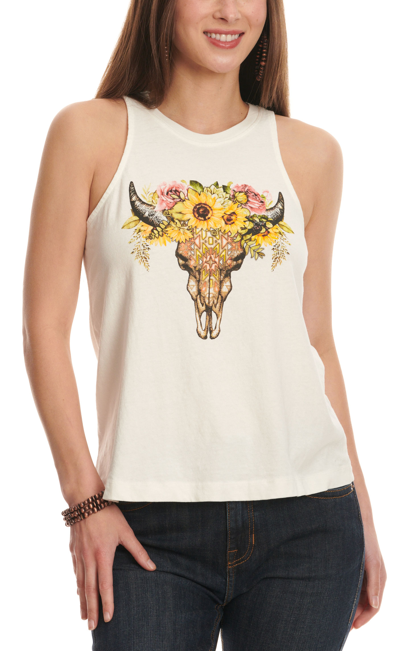 Double Zero Women's Cream Aztec Floral Skull Tank Top - Image 1
