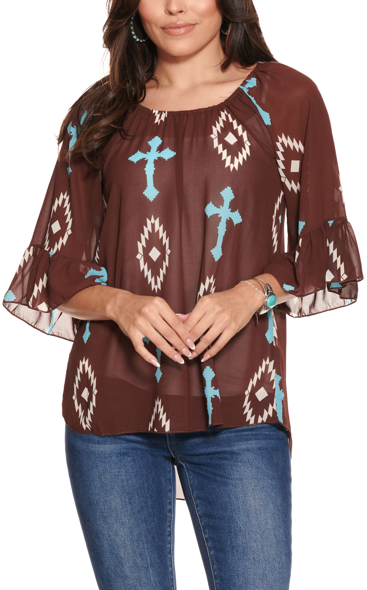 Cowgirl Hardware Women's Chocolate with Blue and White Cross Print 3/4 Bell Sleeve Chiffon Shirt - Image 1