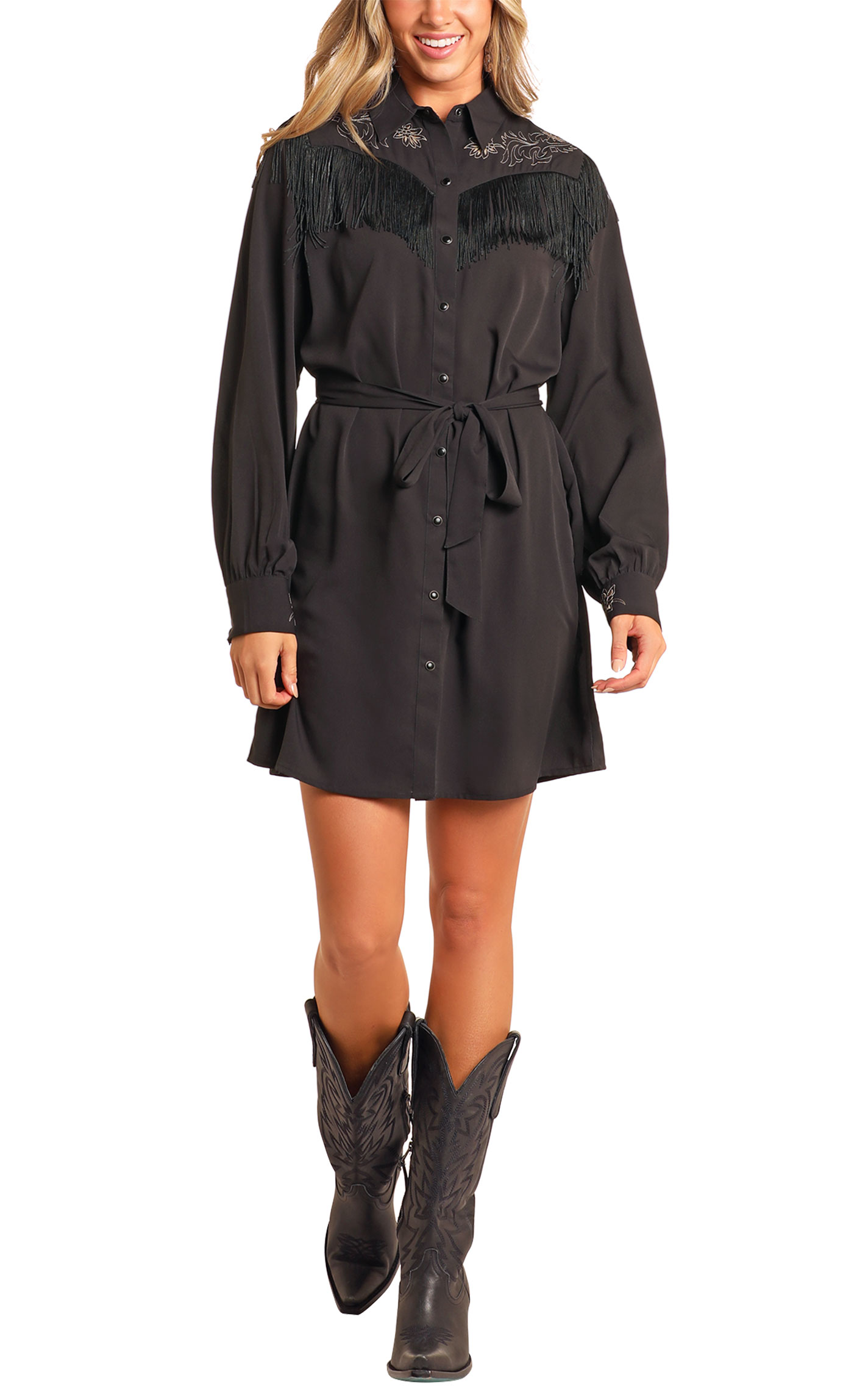 Rock & Roll Denim Women's Retro Black Embroidered & Fringed Dress - Image 1