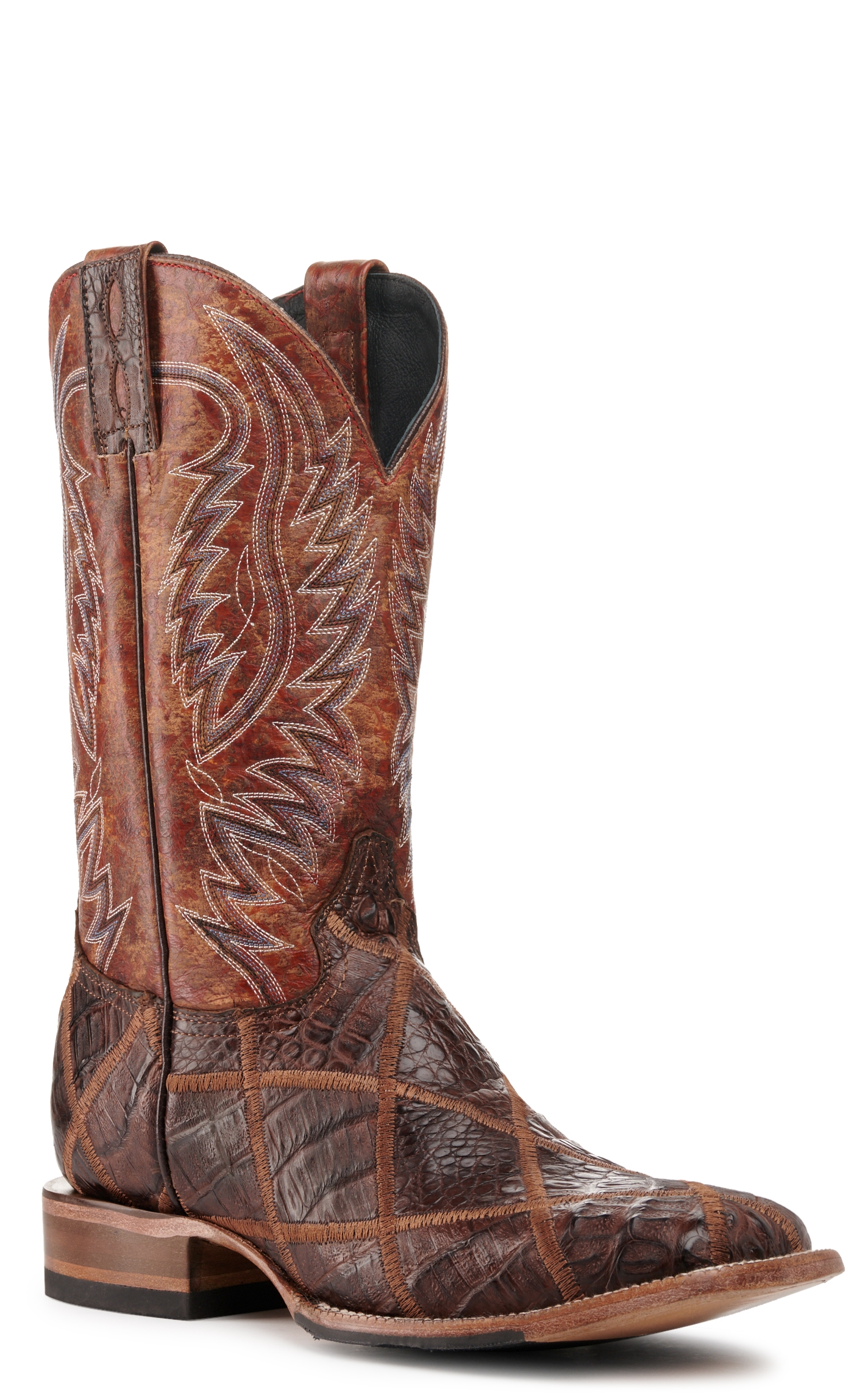 Cavender's Men's Rust and Cigar Caiman Patchwork Wide Square Toe Exotic Cowboy Boots - Image 1
