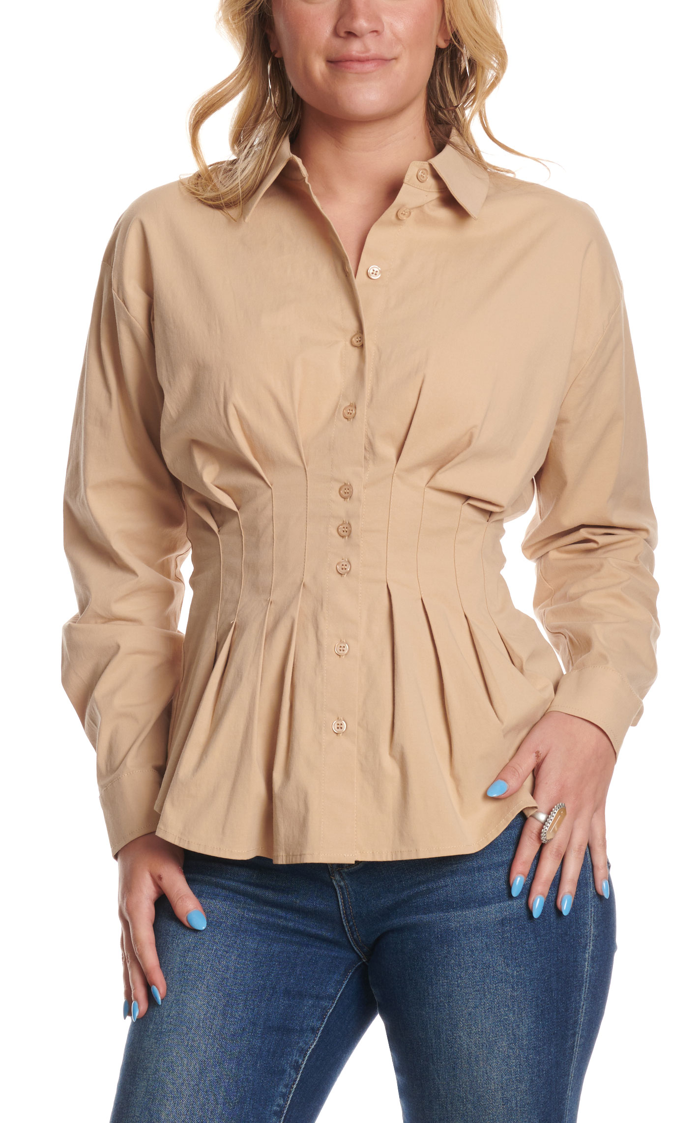 HYFVE Women's Taupe Tailored Waist Long Sleeve Top - Image 1