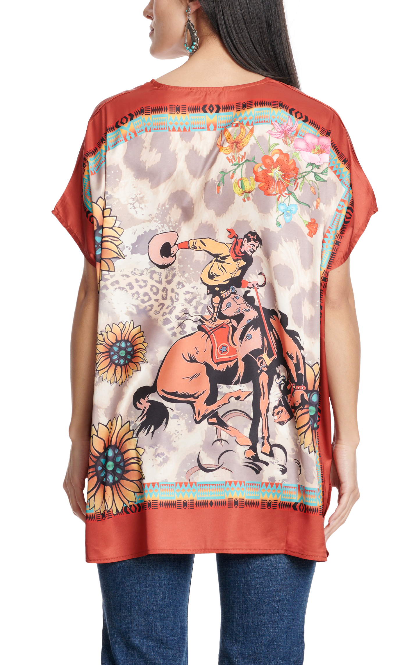 Fashion Express Women's Tangerine & Sand Retro Western Print Poncho - Image 3