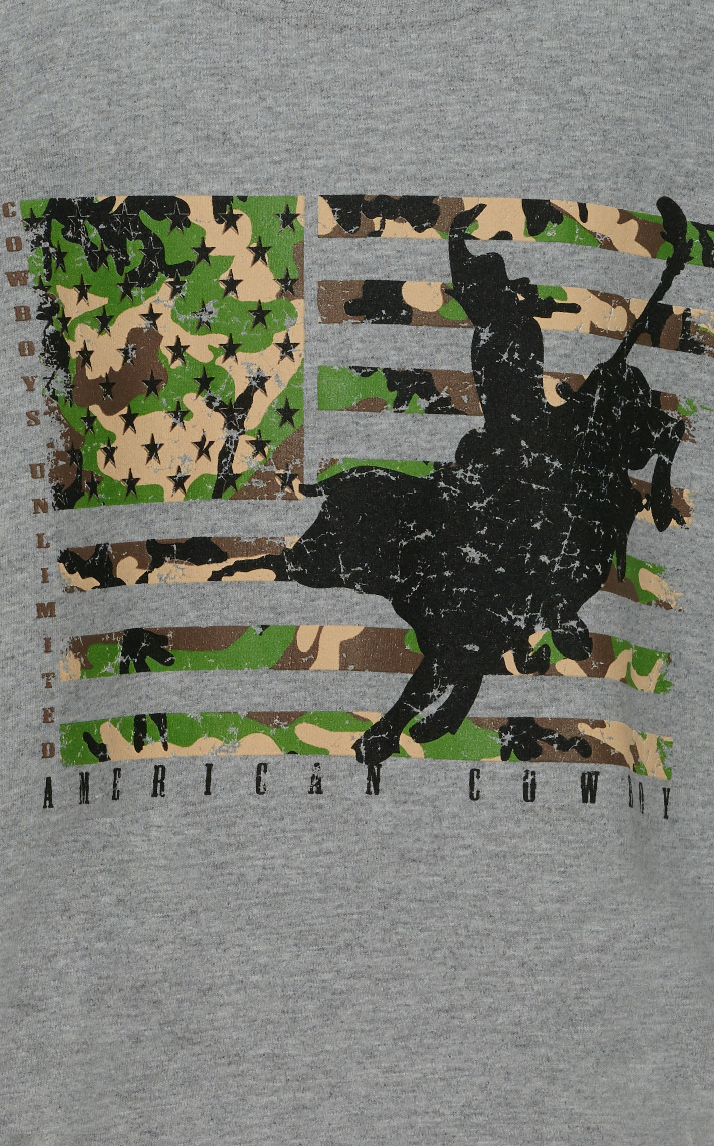 Moss Brothers Cowboys Unlimited Heather Gray Camo Flag Bull Rider Short Sleeve T-Shirt - Image 1
