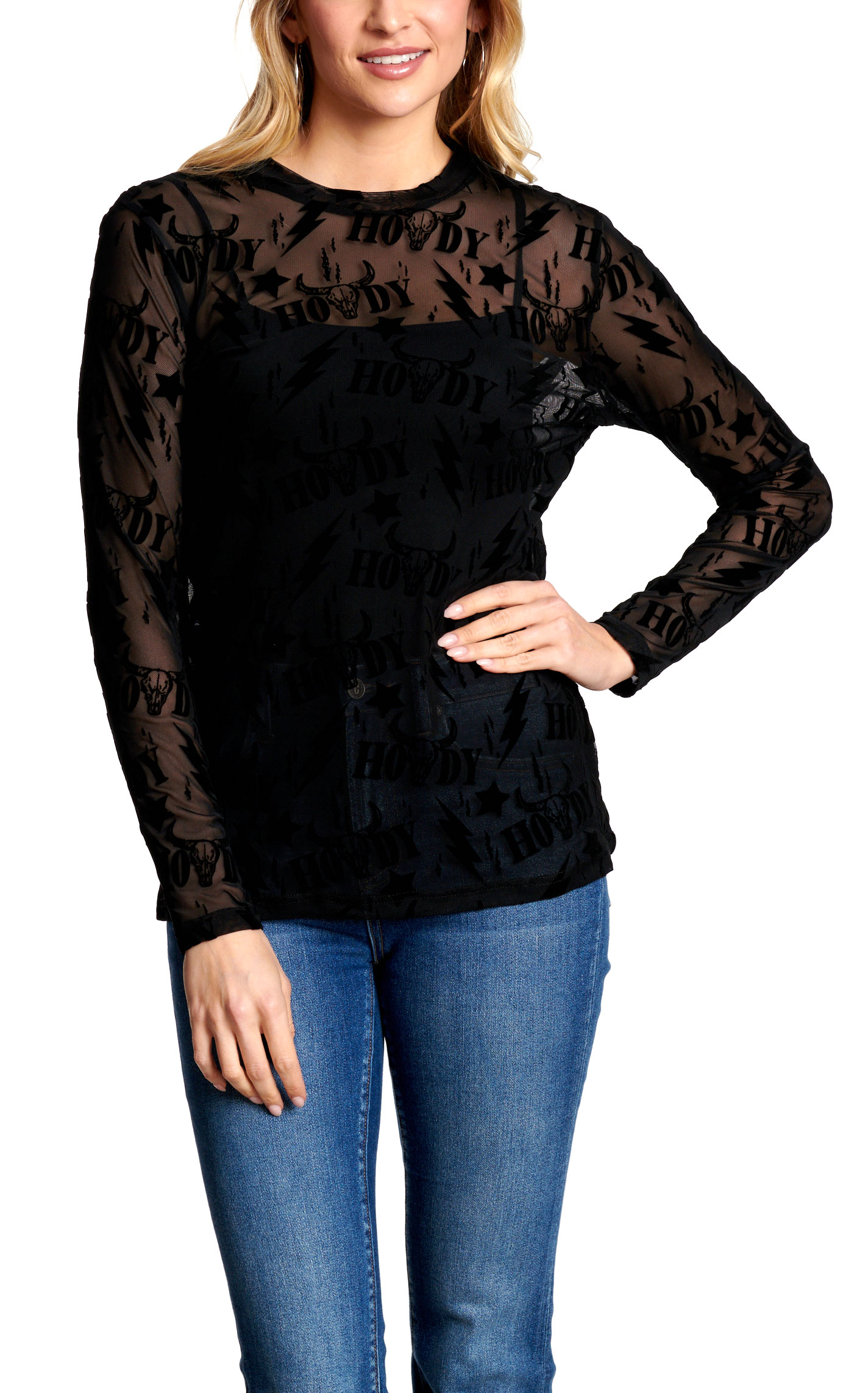 Marigold Kiss Women's Sheer Black Mesh Howdy Print Top - Image 1