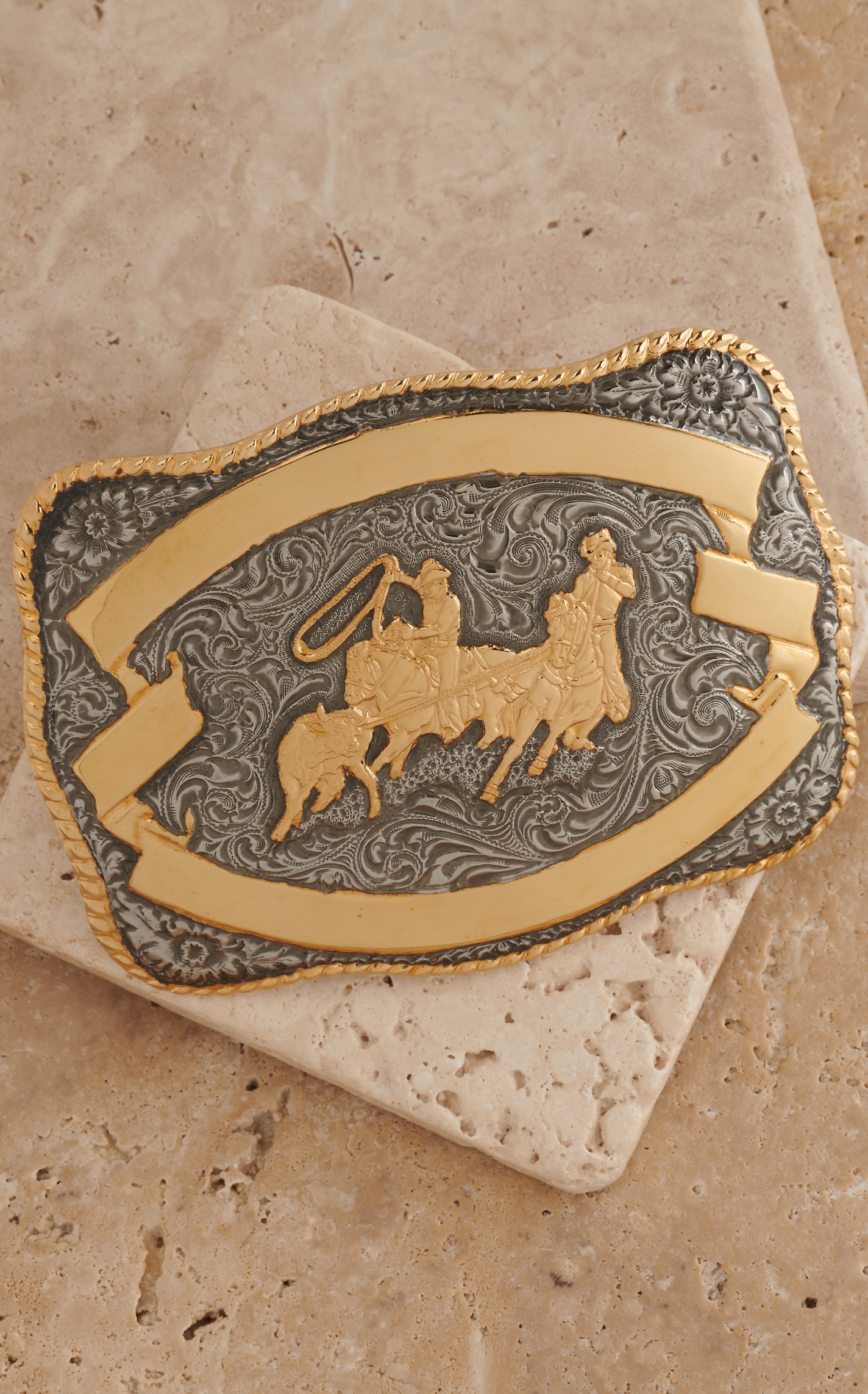 Crumrine Gold and Silver Team Roper Rectangle Antique Belt Buckle - Image 1
