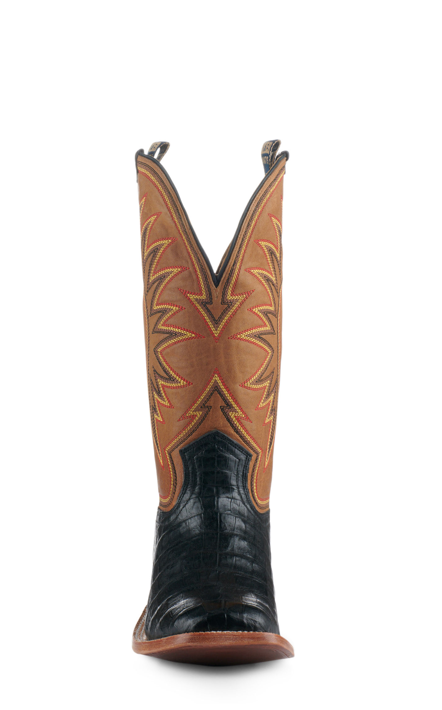 Hyer Men's Big Bow Honey Vintage and Black Matte Caiman Square Toe Exotic Cowboy Boots - Image 1