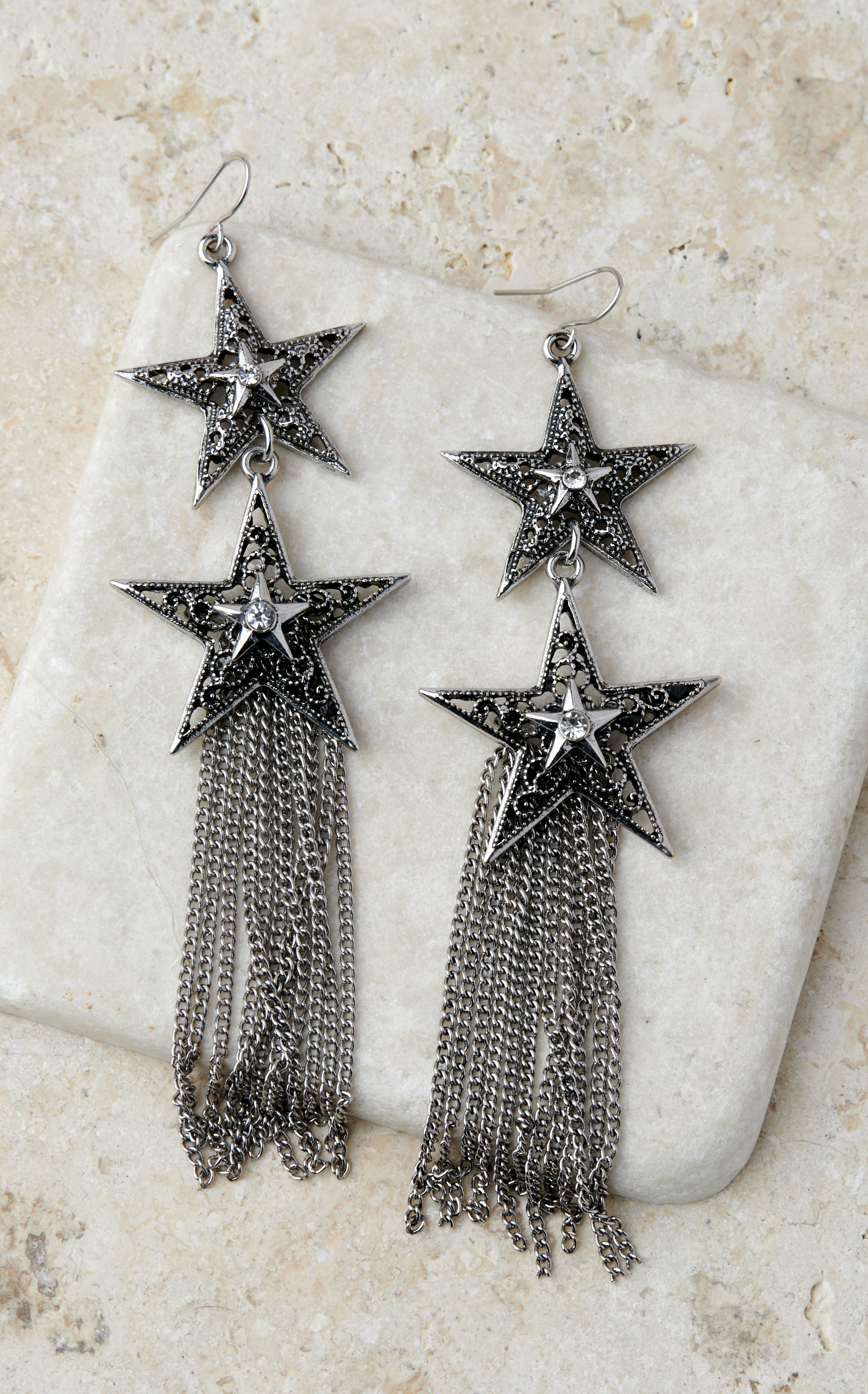 Cowgirl Confetti Burnished Silver Double Star & Chains Starry Night Earrings - Image 1