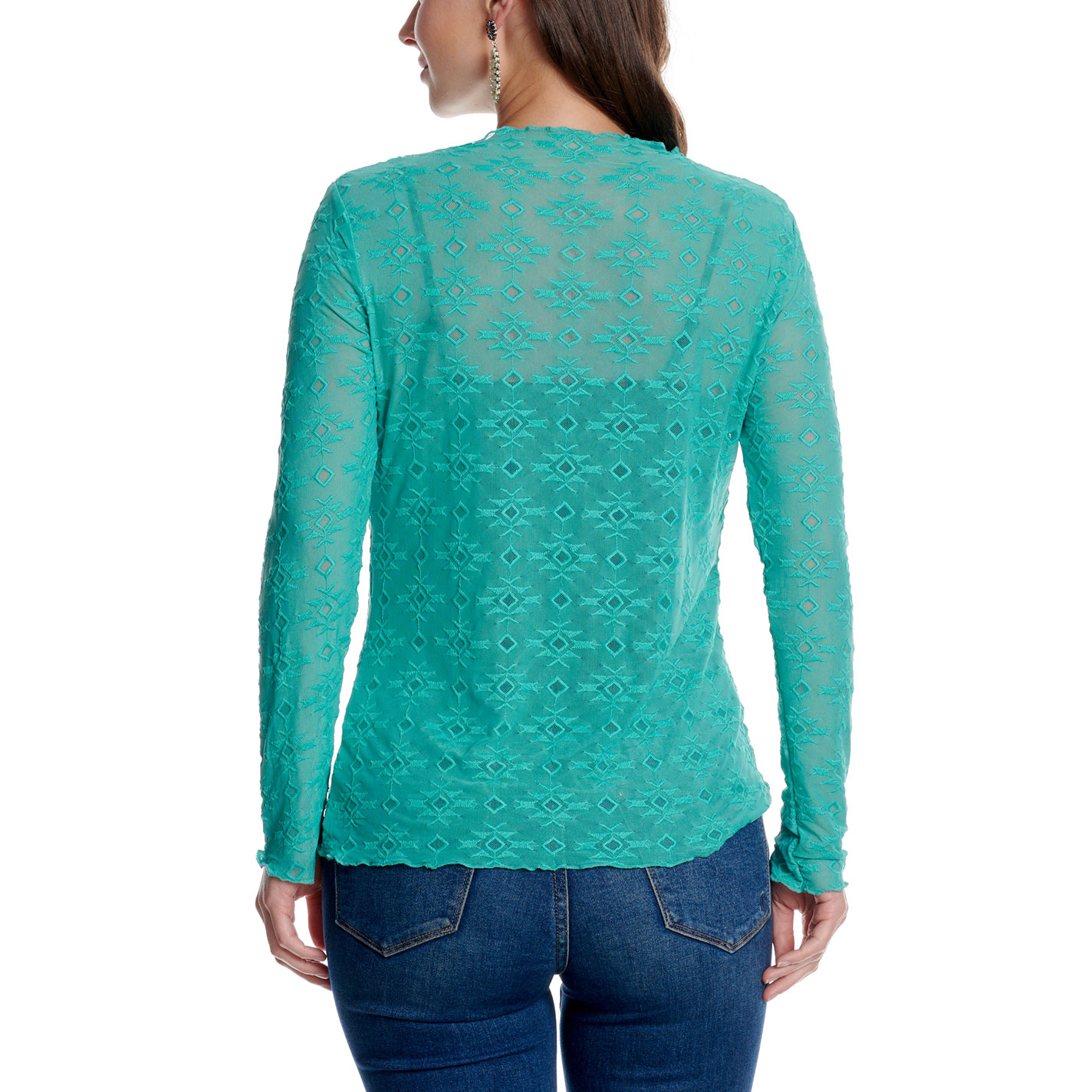 Rockin' C Women's Turquoise Aztec Mesh Top - Image 1