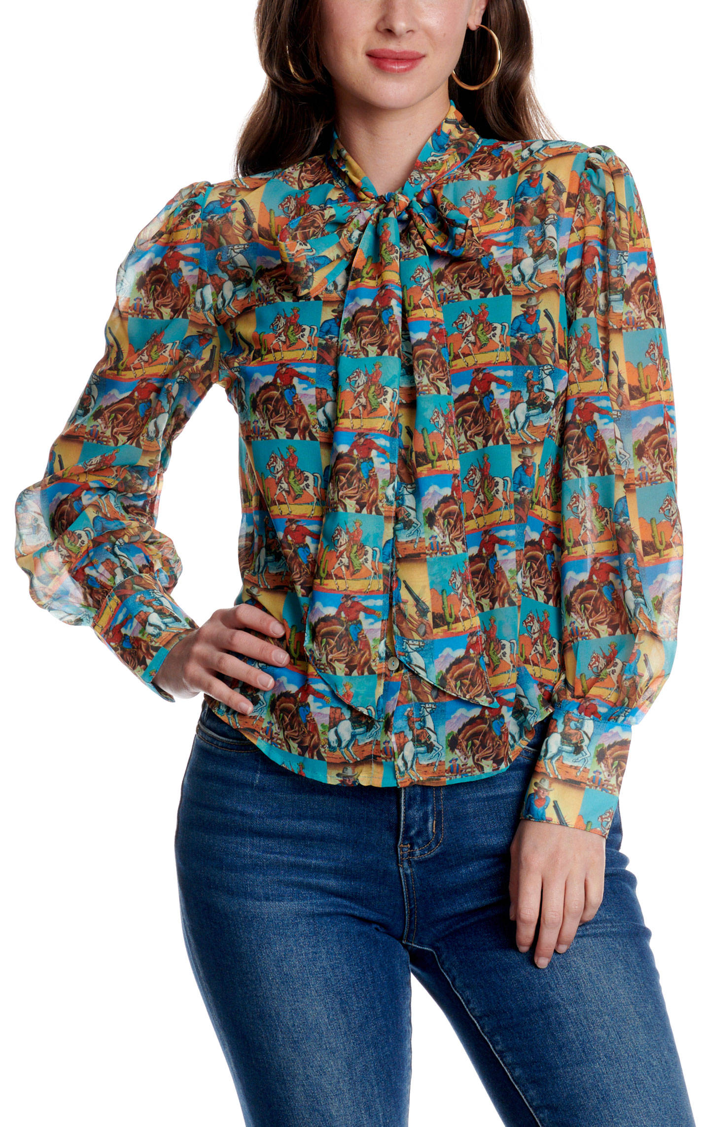 Howdy Hanny Women's Teal Cowboy Pop Art Tie Neck Top - Image 1