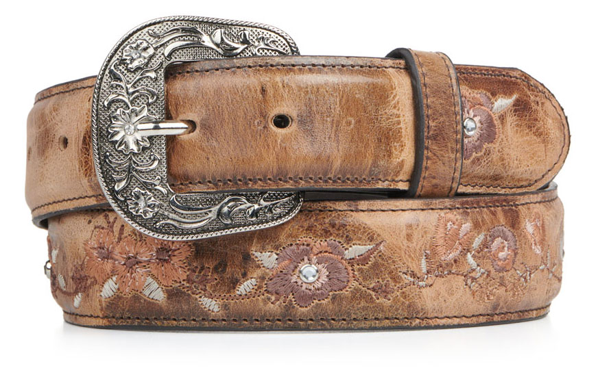 Cavender's Women's Weathered Tan with Floral Embroidery Leather Belt - Image 1