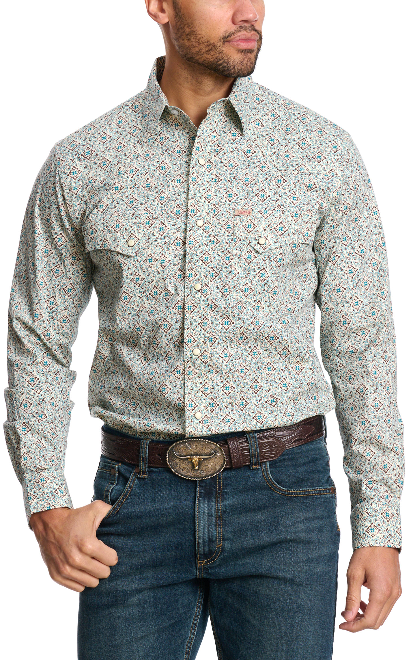 Rafter C Men's ProFlex45 Turquoise Paisley Wallpaper Western Shirt - Image 1