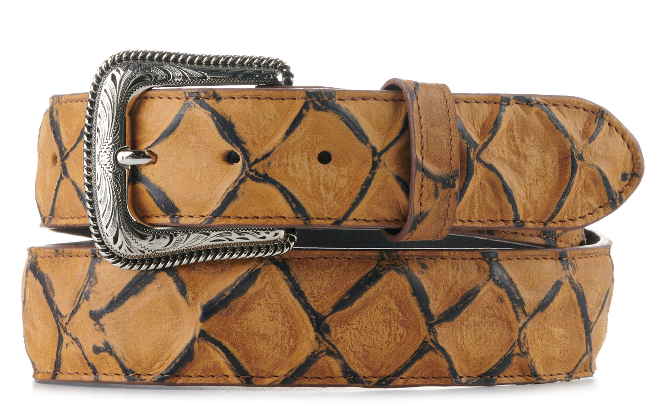 Cavender's Men's Matte Tan Pirarucu Fish Print Western Belt - Image 1