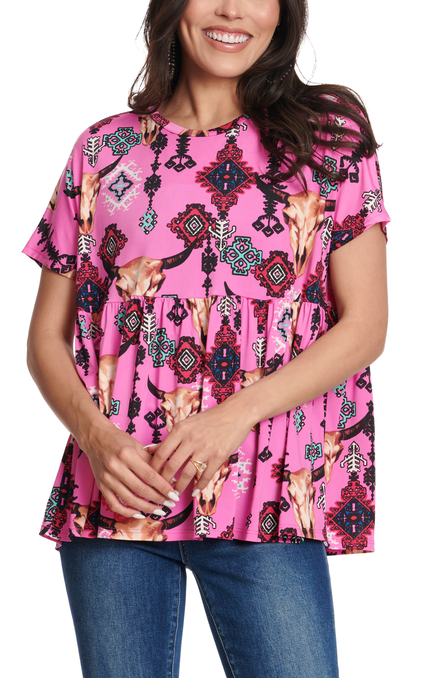 R. Rouge Women's Dark Pink Aztec & Skull Print Short Sleeve Baby Doll Top - Image 1