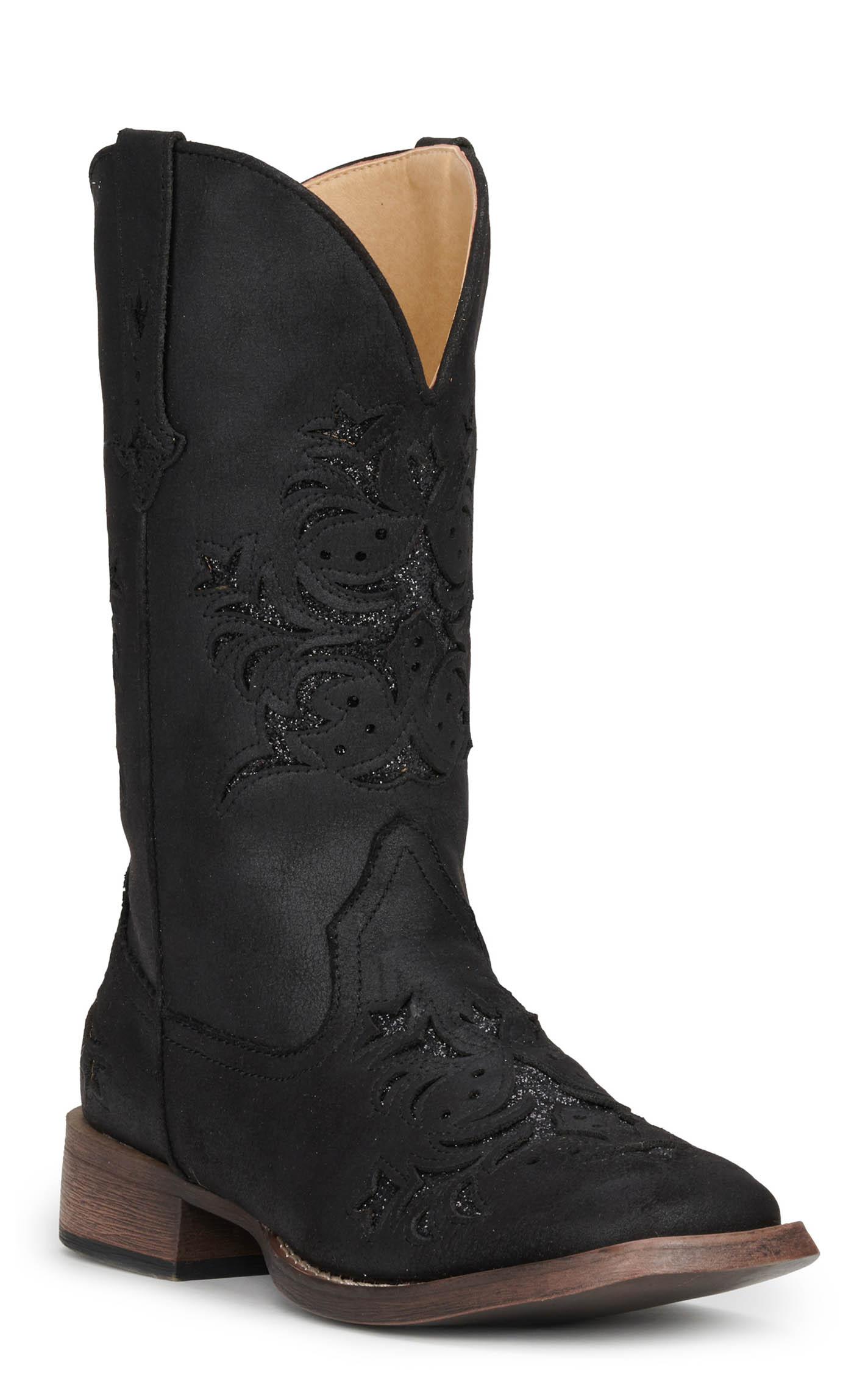 Roper Women's Kennedy Black with Glitter Inlay Wide Square Toe Cowboy Boots - Image 1