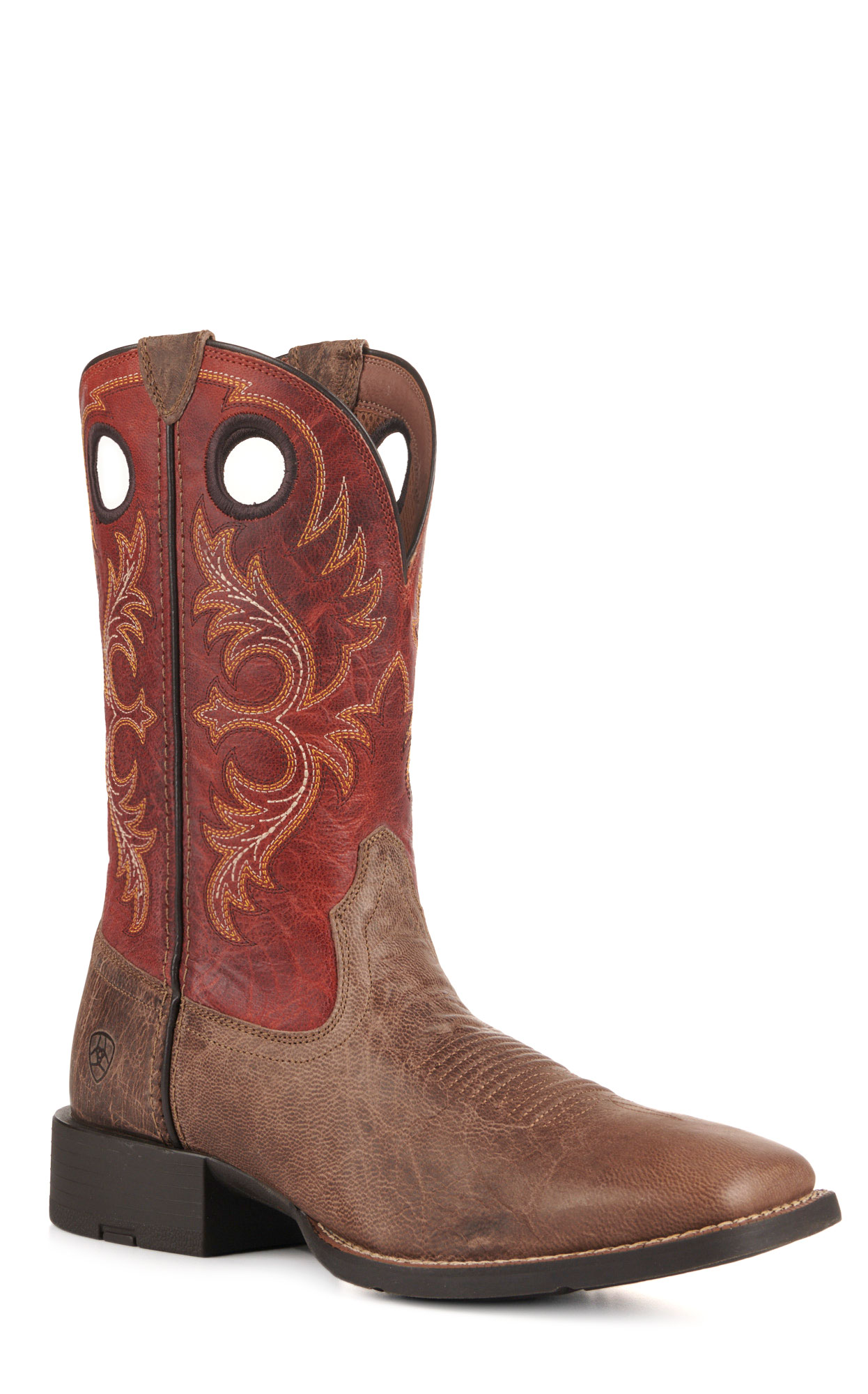 Ariat Men's Sport Rodeo Distressed Tan and Red Wide Square Toe Cowboy Boots - Image 1