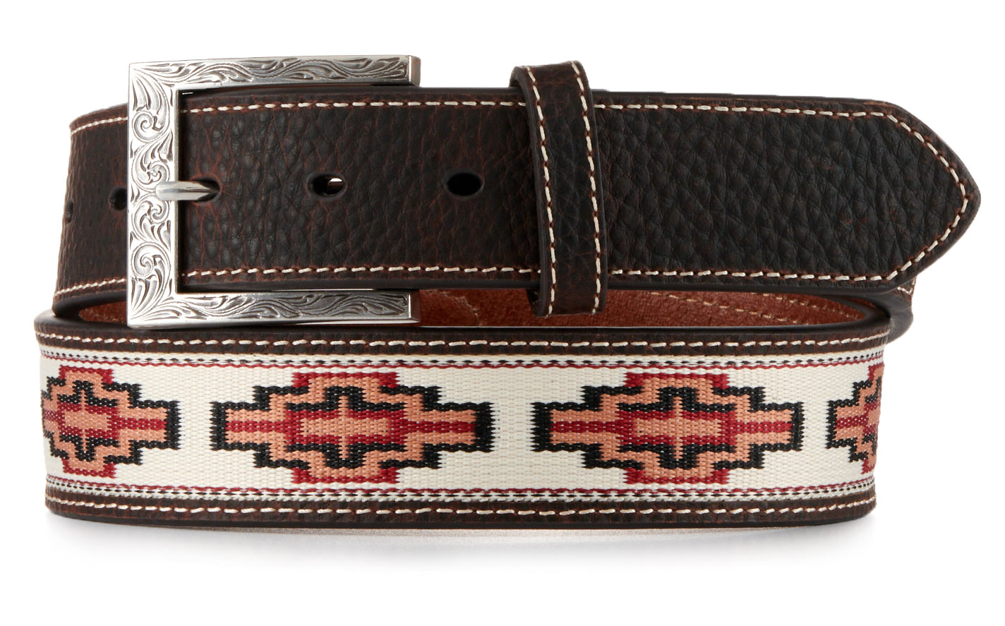 Rafter C Men’s Silver Filigree Square Buckle Stitched Aztec Print Western Belt - Image 1