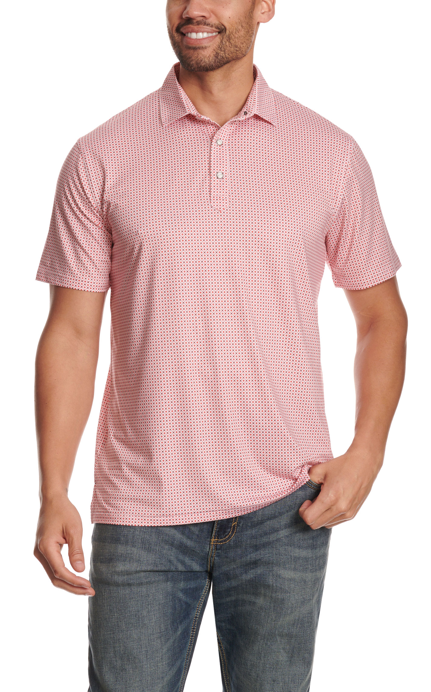 Rafter C Men's Red Micro Grid Geo Print Polo Shirt - Image 1