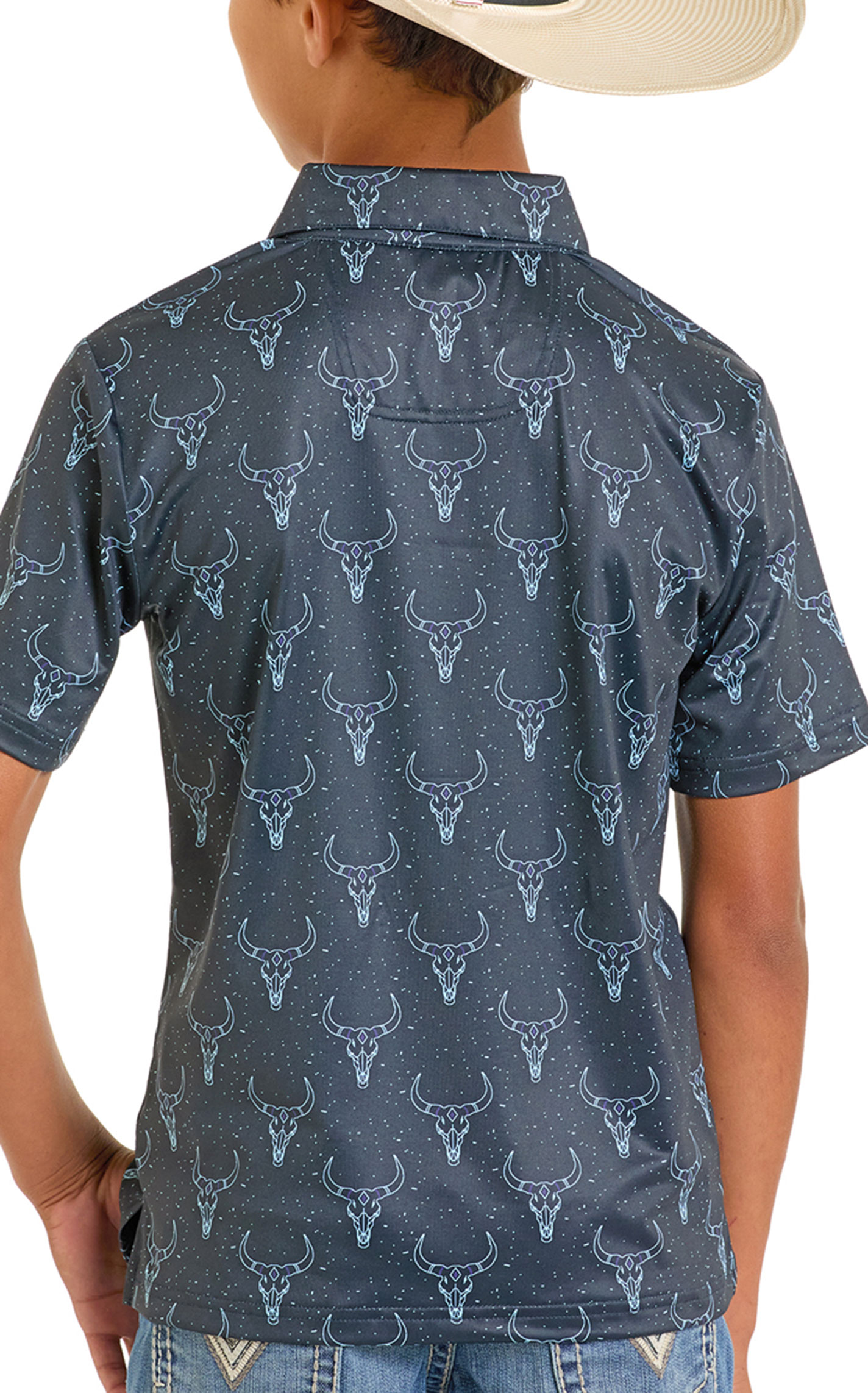 Rock & Roll Denim Boy's Black Longhorn Skull Polo Shirt - Image 1