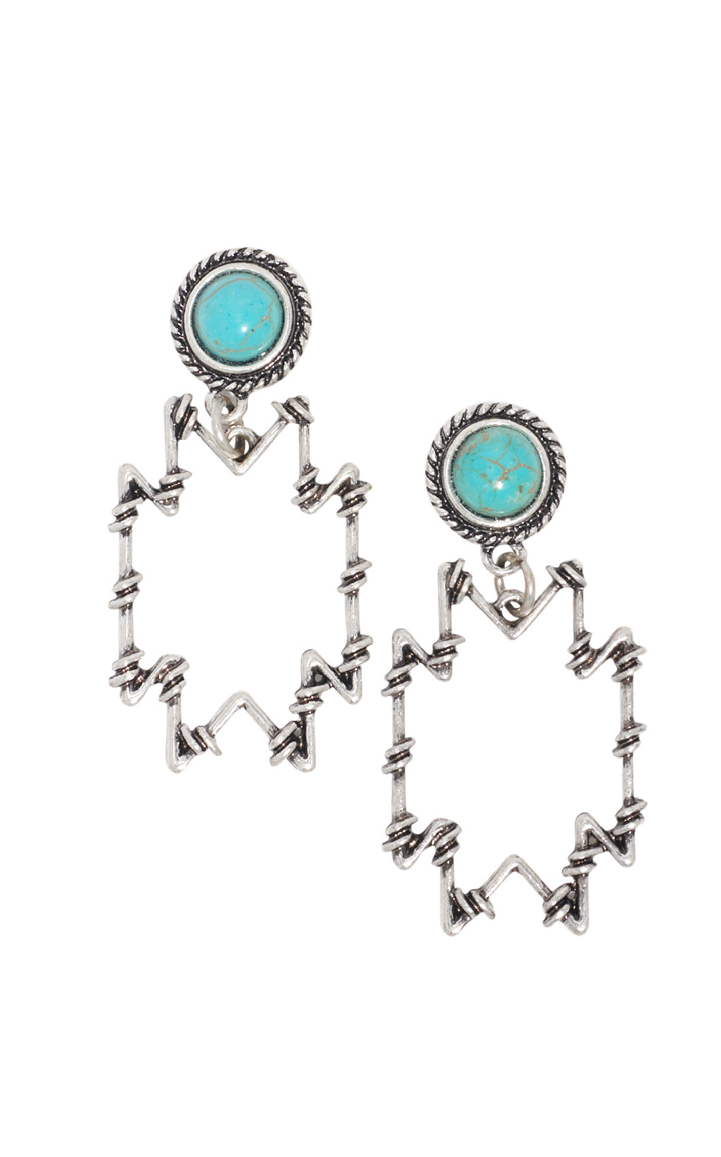 806 Silver Barbed Wire Aztec Shape & Turquoise Post Earrings - Image 1