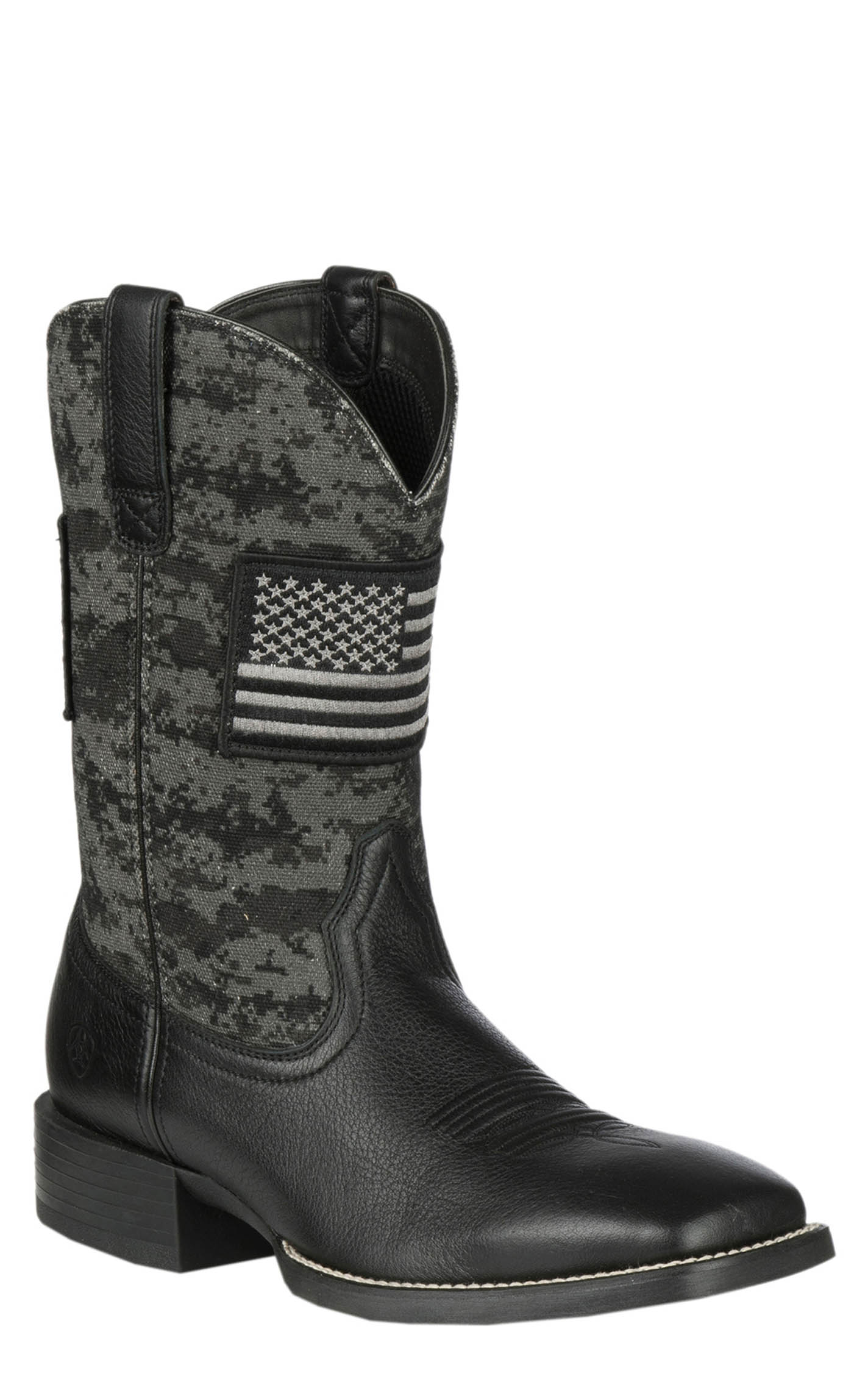 Ariat Men's Sport Patriot Black Deertan and Black Camo American Flag Patch Wide Square Toe Cowboy Boots - Image 1