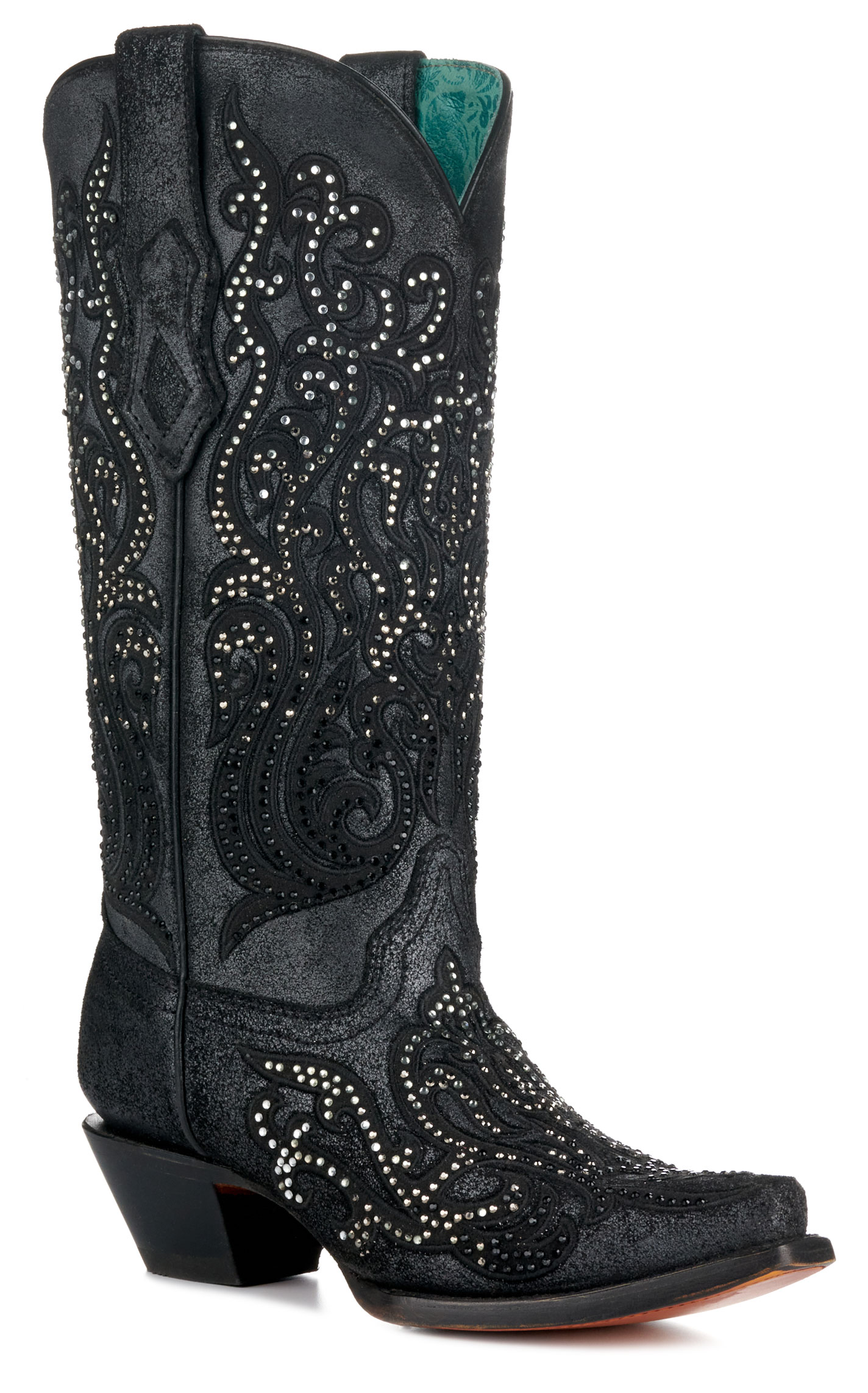 Corral Women's Black with Embroidery & Crystals Snip Toe Cowboy Boots - Image 1