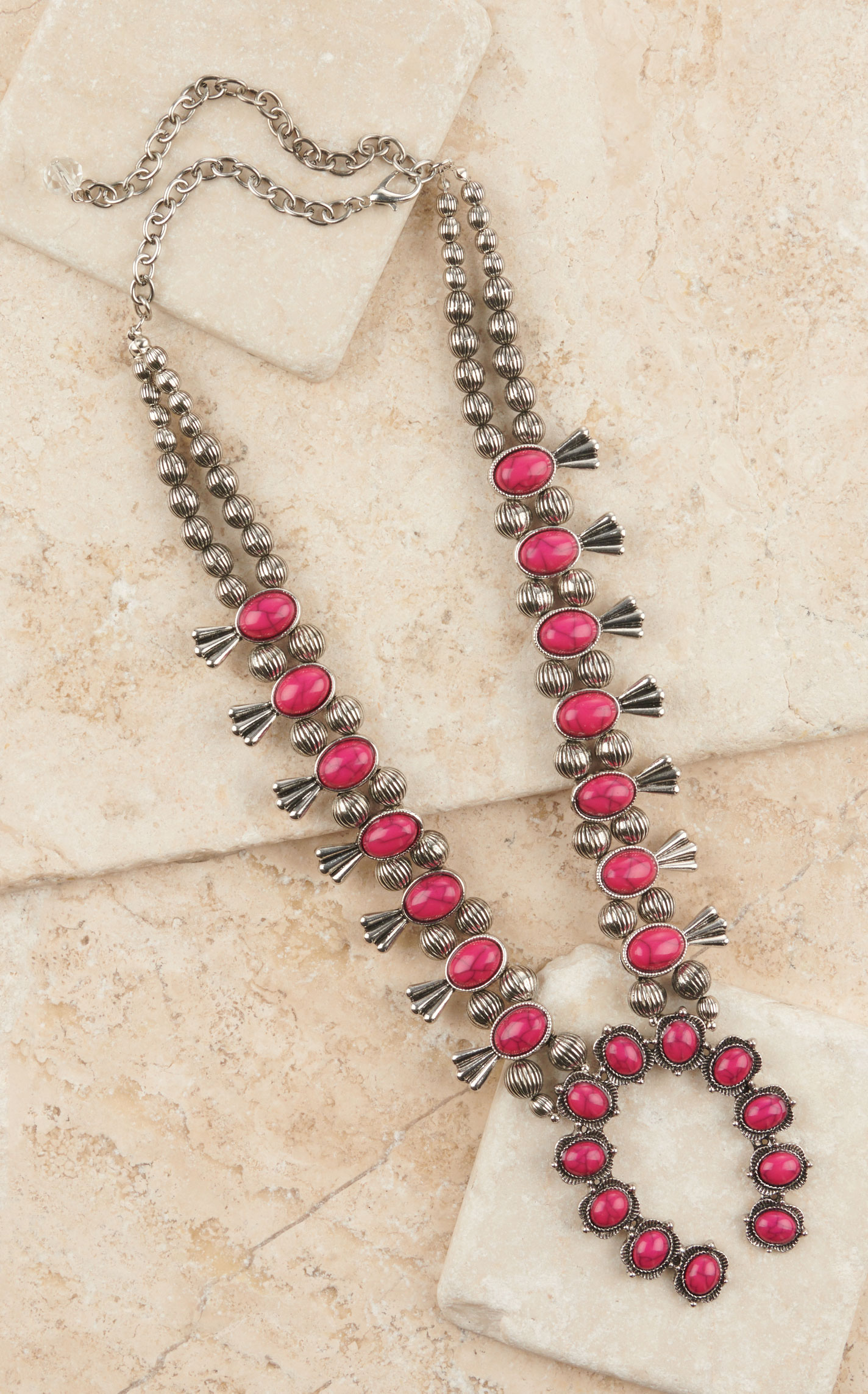 Rockin' C Women's Silver with Large Hot Pink Stone Squash Blossom Pendant Necklace - Image 1