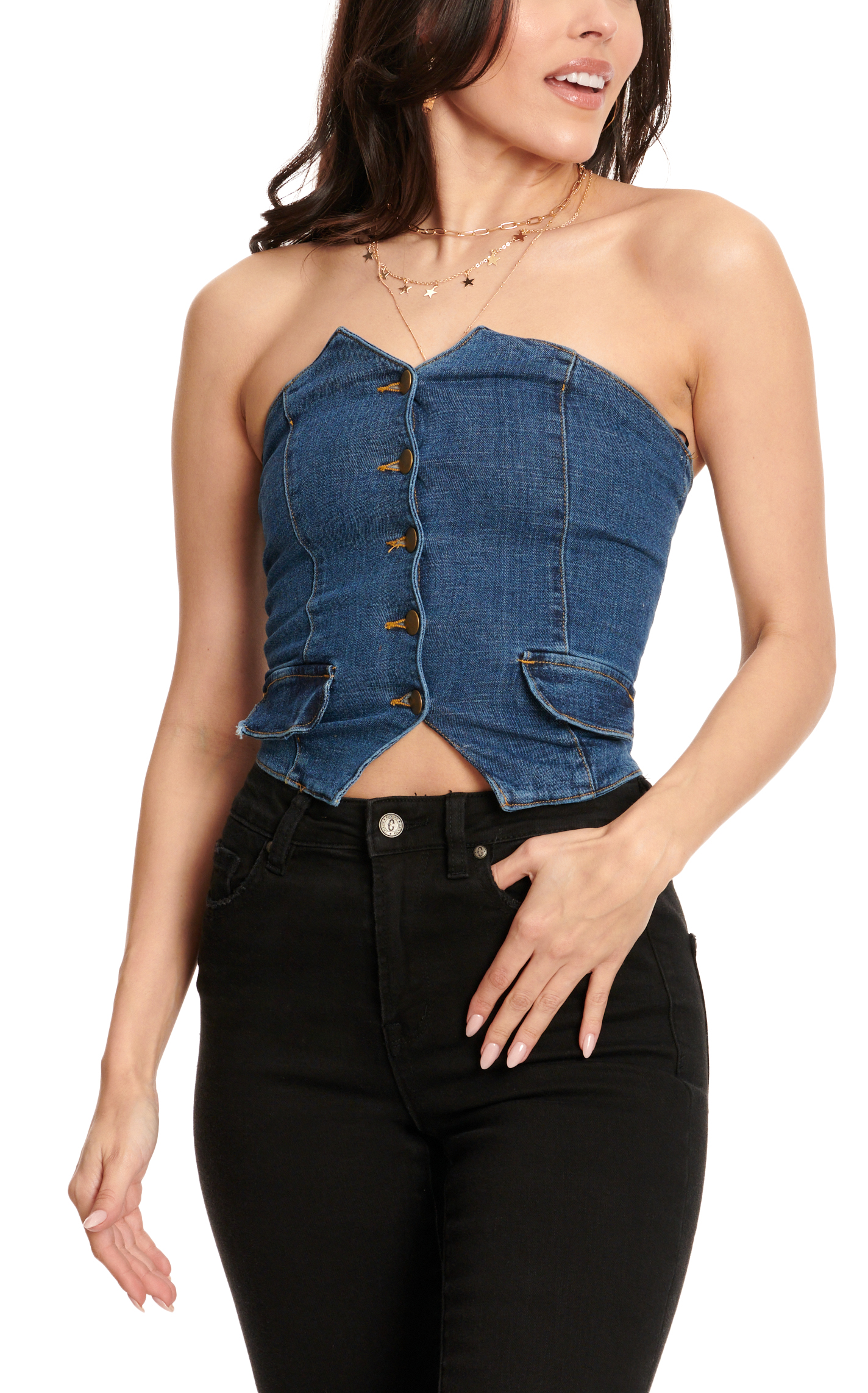 One Up Jeans Women's Medium Wash Denim Tube Vest - Image 1