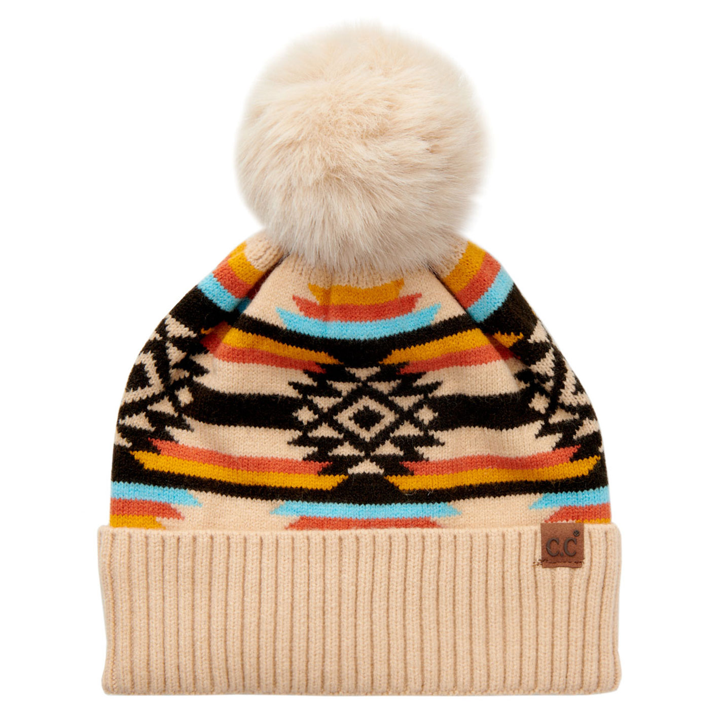 Girlie Girl Rich Latte Aztec Pom-Pom Knit Beanie - Image 1
