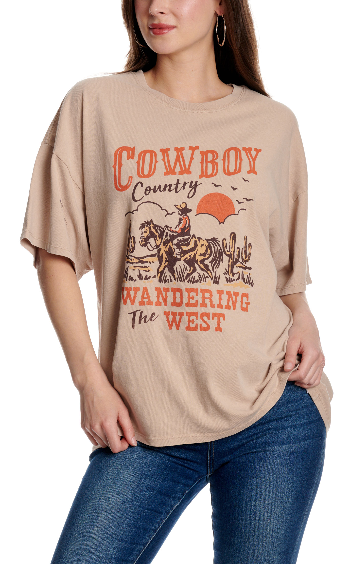 Double Zero Women's Taupe Cowboy Country T-Shirt - Image 1