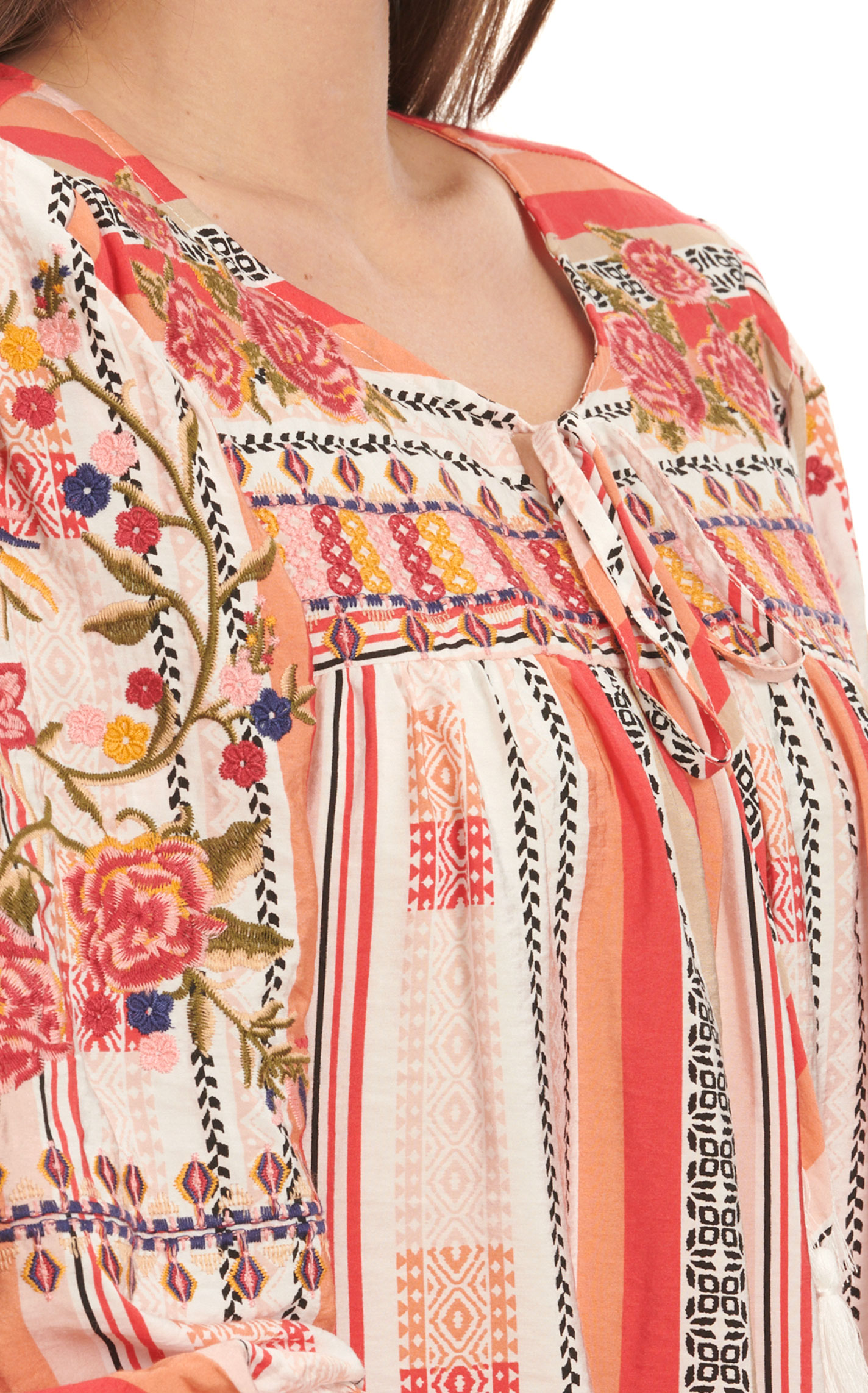 Savanna Jane Women's Rich Citrus Aztec Stripe & Floral Embroidery Top - Image 1