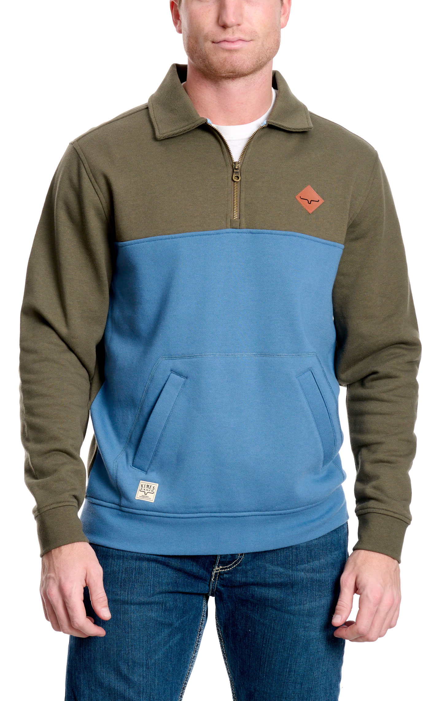 Kimes Ranch Men's Army Green & Slate-Blue Logo 1/4 Zip Pullover - Image 1