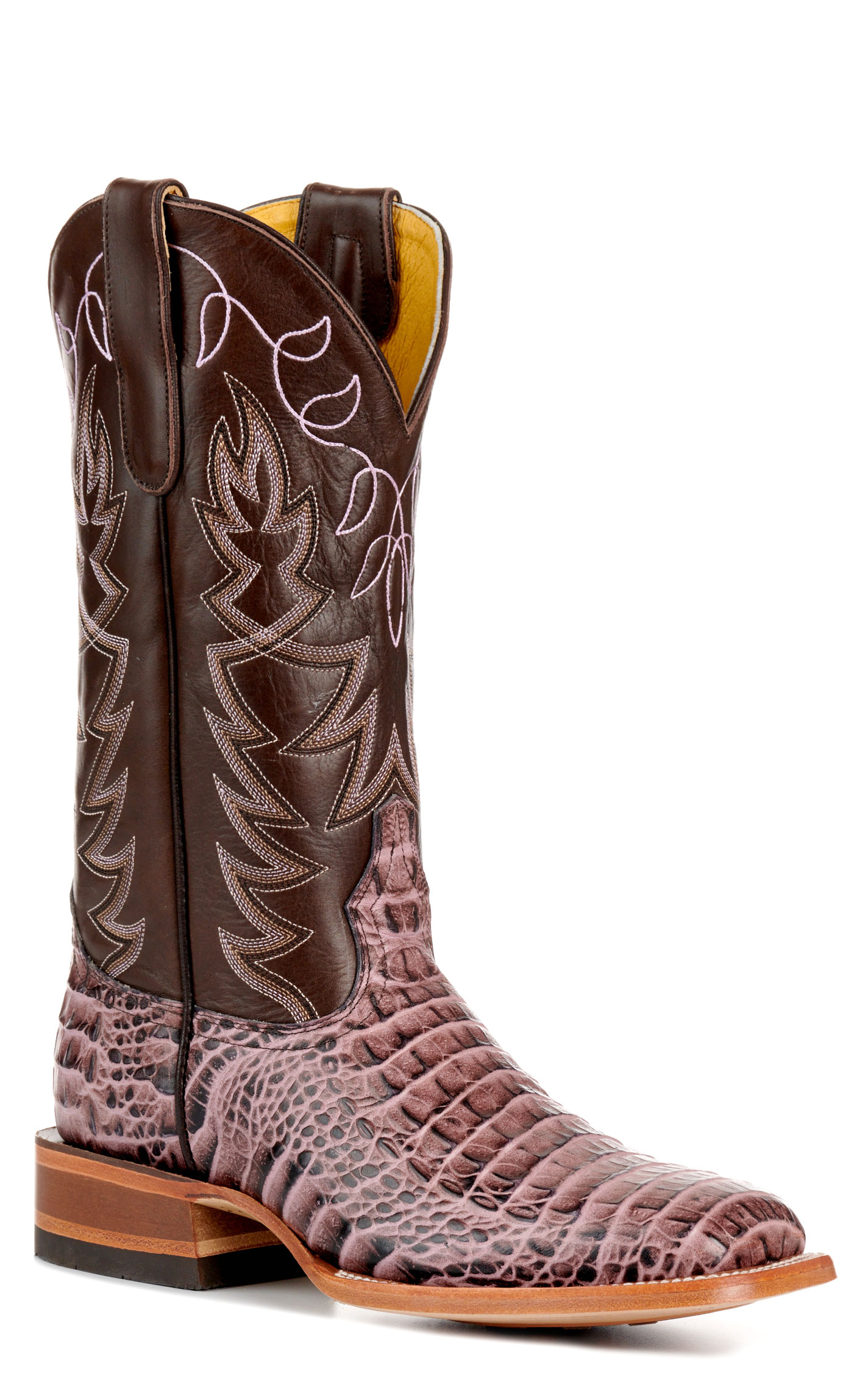 Cavender’s Women’s Endurance Chocolate and Pink Crocodile Print Wide Square Toe Cowboy Boots - Image 1