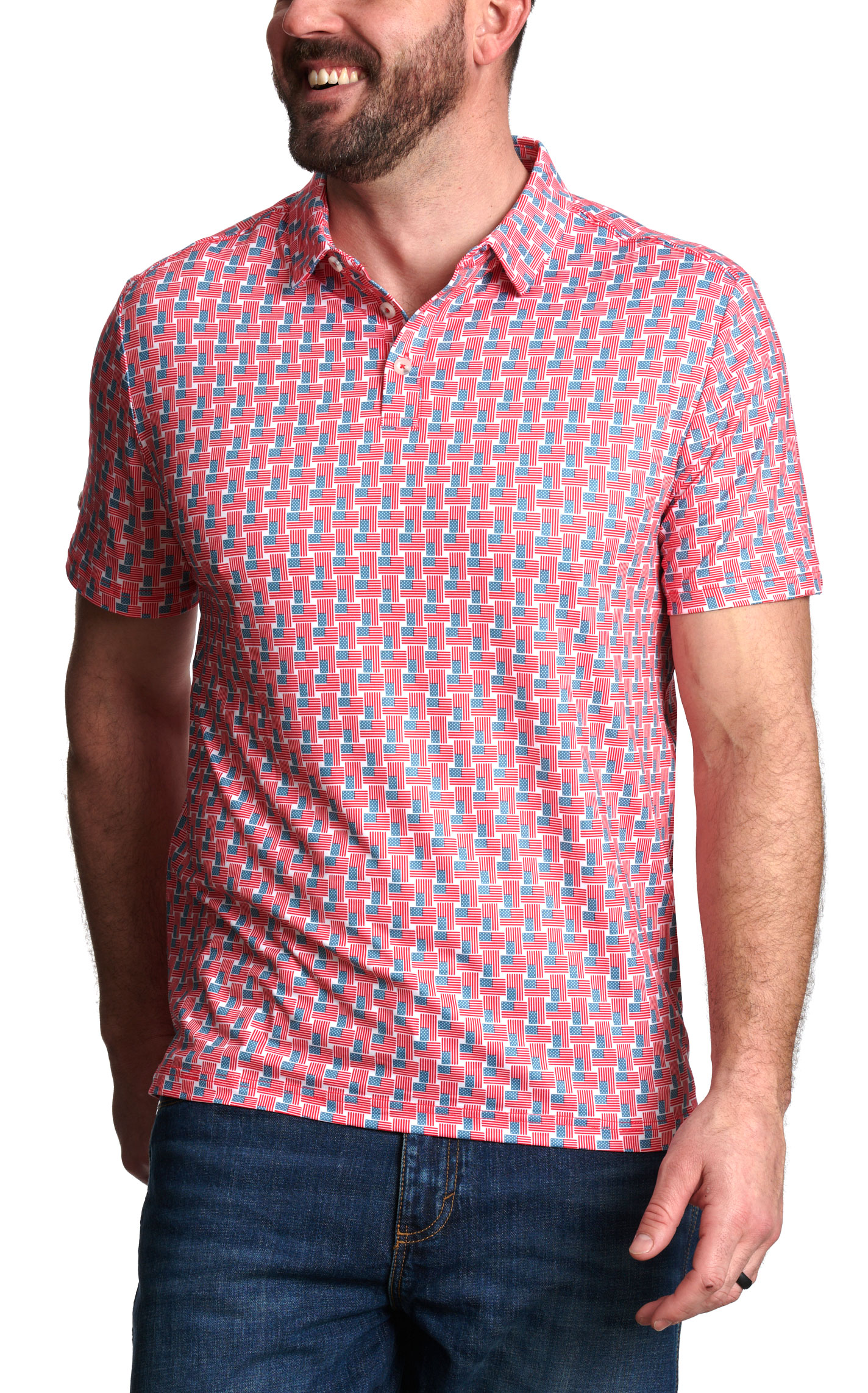Burlebo Men's White American Flag Print Performance Polo - Image 1
