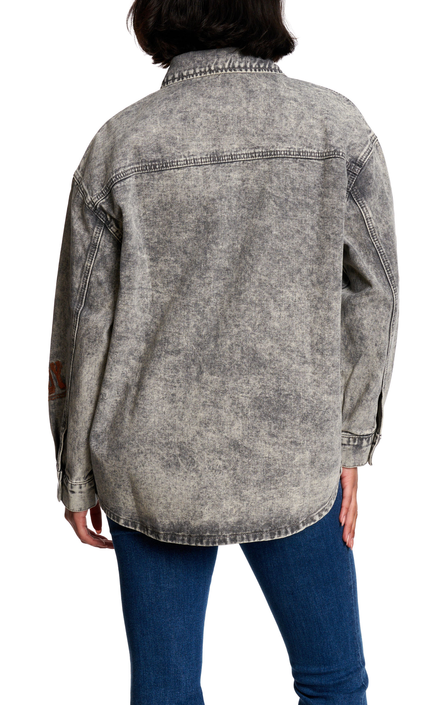 Marigold Kiss Women's Gray Wash Western Patch Denim Shacket  - Image 1