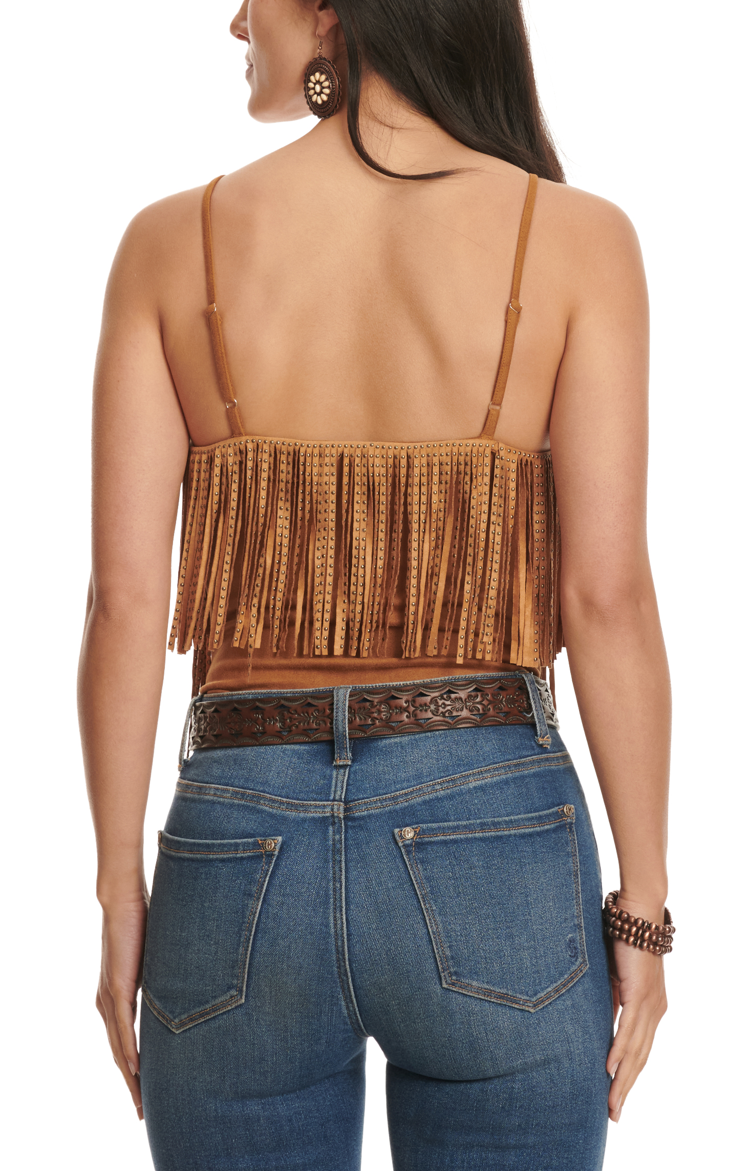 Blue B Women's Caramel Tiered Studded Fringe Bodysuit   - Image 2