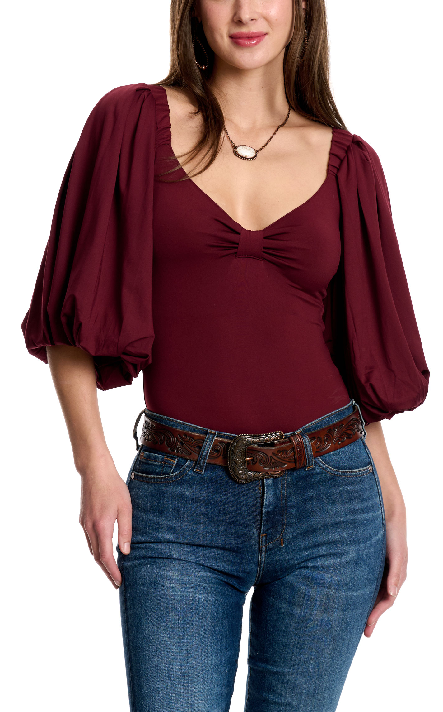 TCEC Women's Dark Wine Dramatic Puff Sleeve Bodysuit - Image 1