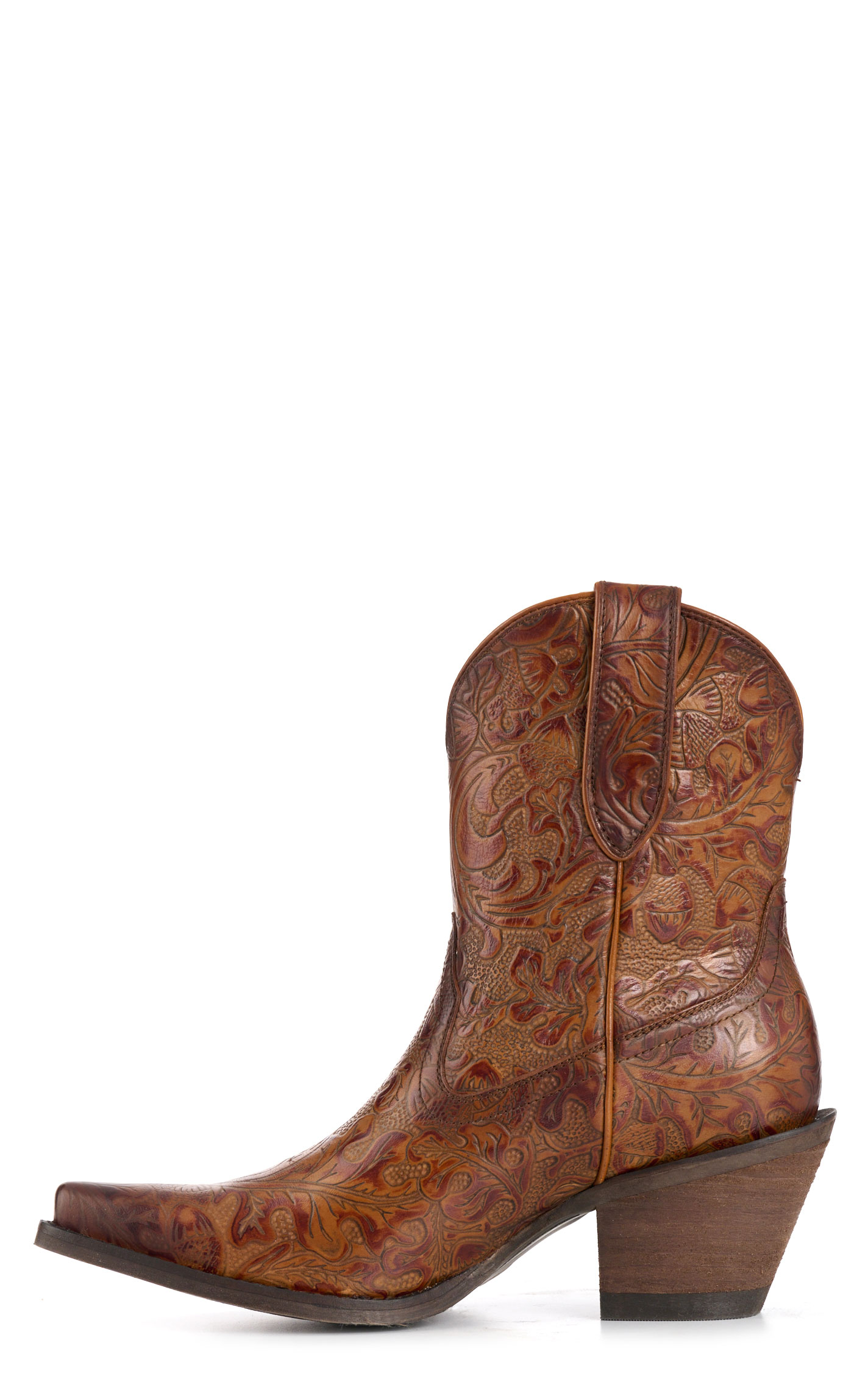 Rockin C Women’s Nut Brown Tooled Snip Toe Ankle Booties - Image 1