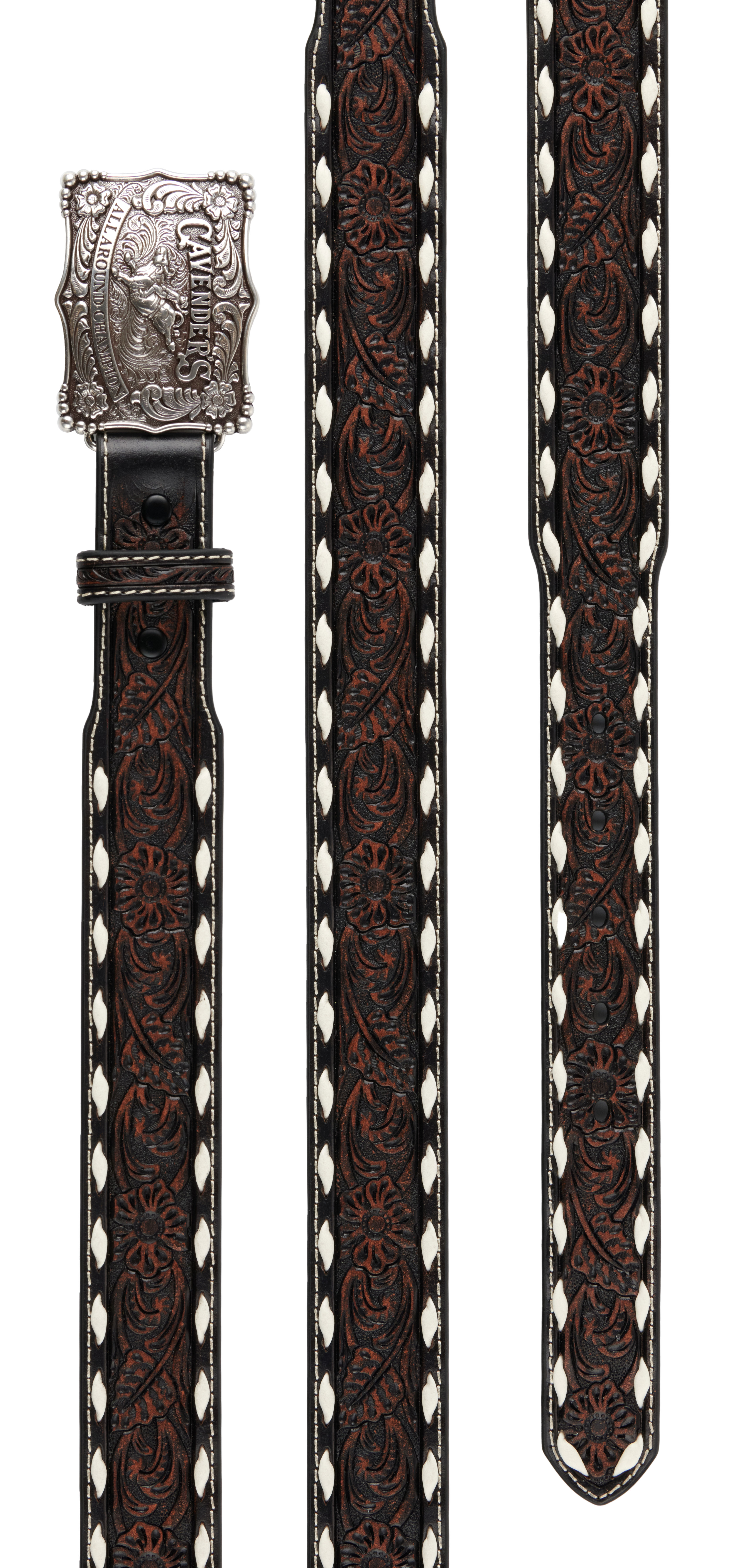 Cavender's Kid's Dark Brown Leather Floral Tooling White Woven Edge with Champion Buckle on Western Belt - Image 2