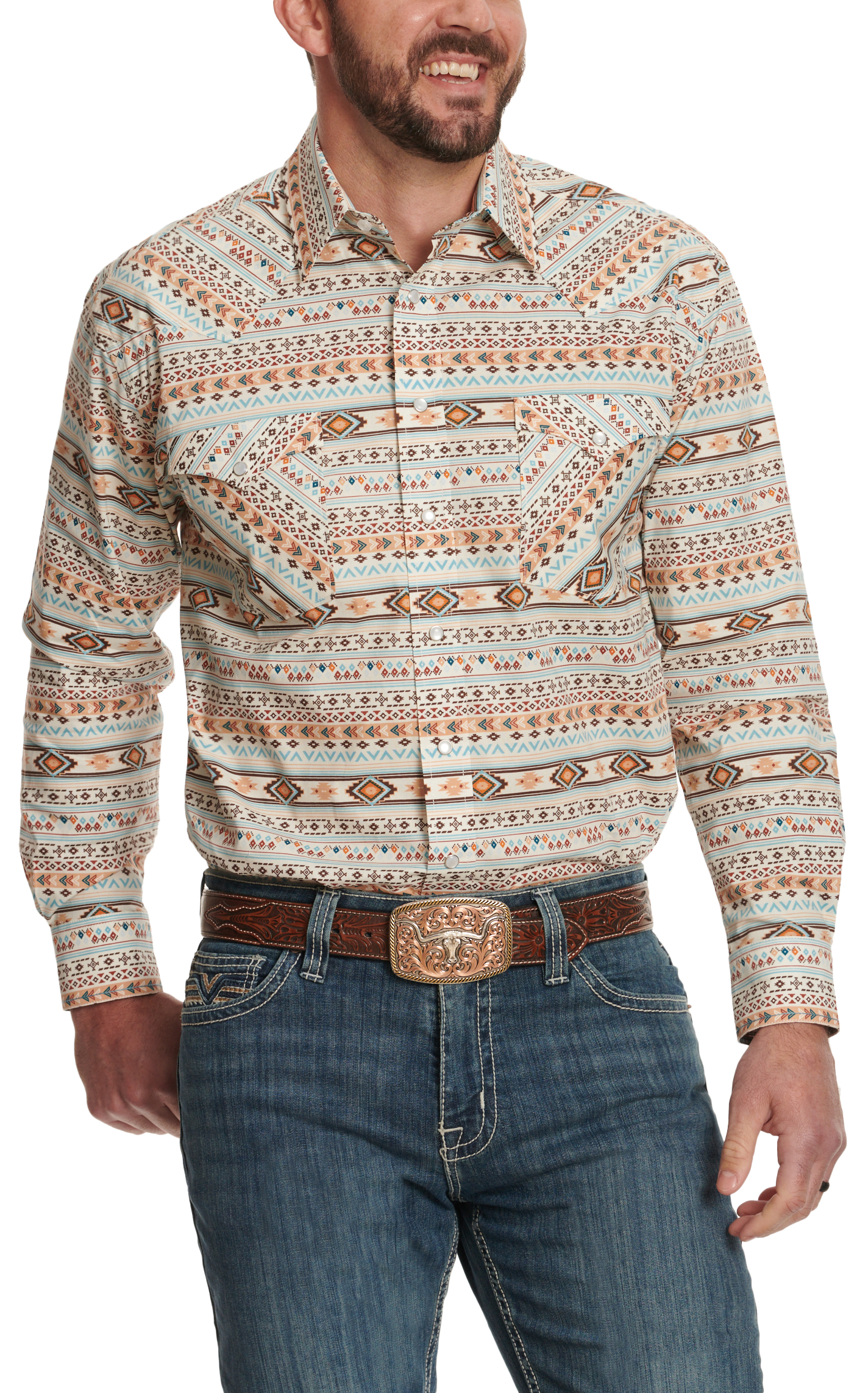 Panhandle Men's Rough Stock Latte Rust & Blue Aztec Western Shirt - Image 1