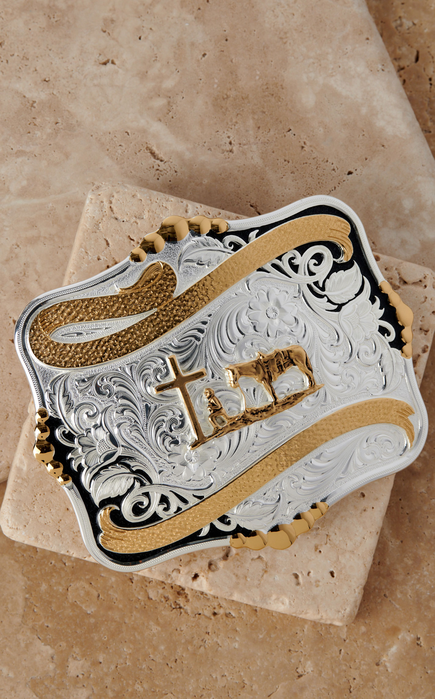 Montana Silversmiths Silver Swirl Golden Cowboy & Cross Belt Buckle - Image 1