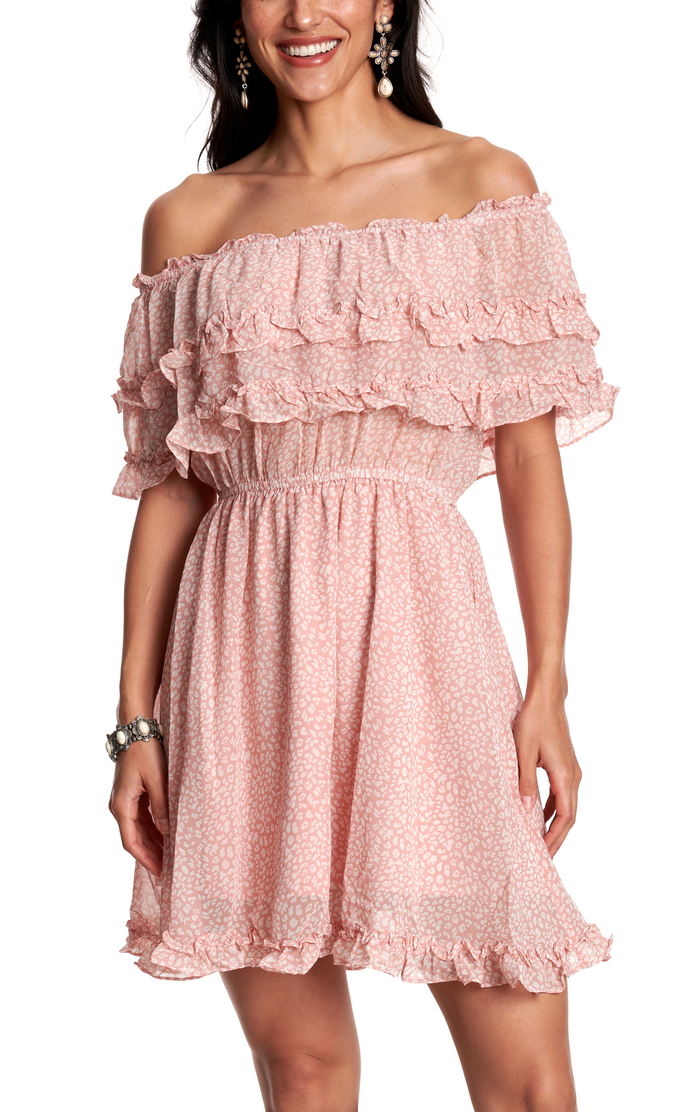 Blue B Women's Pale Pink Leopard Off Shoulder Dress - Image 1
