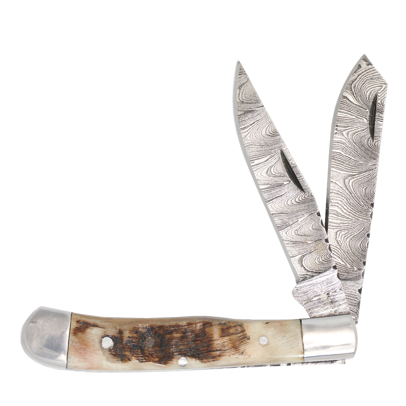 Circle SH Cutlery Damascus Steel Two Blade Ram Horn Handle Folding Knife - Image 1