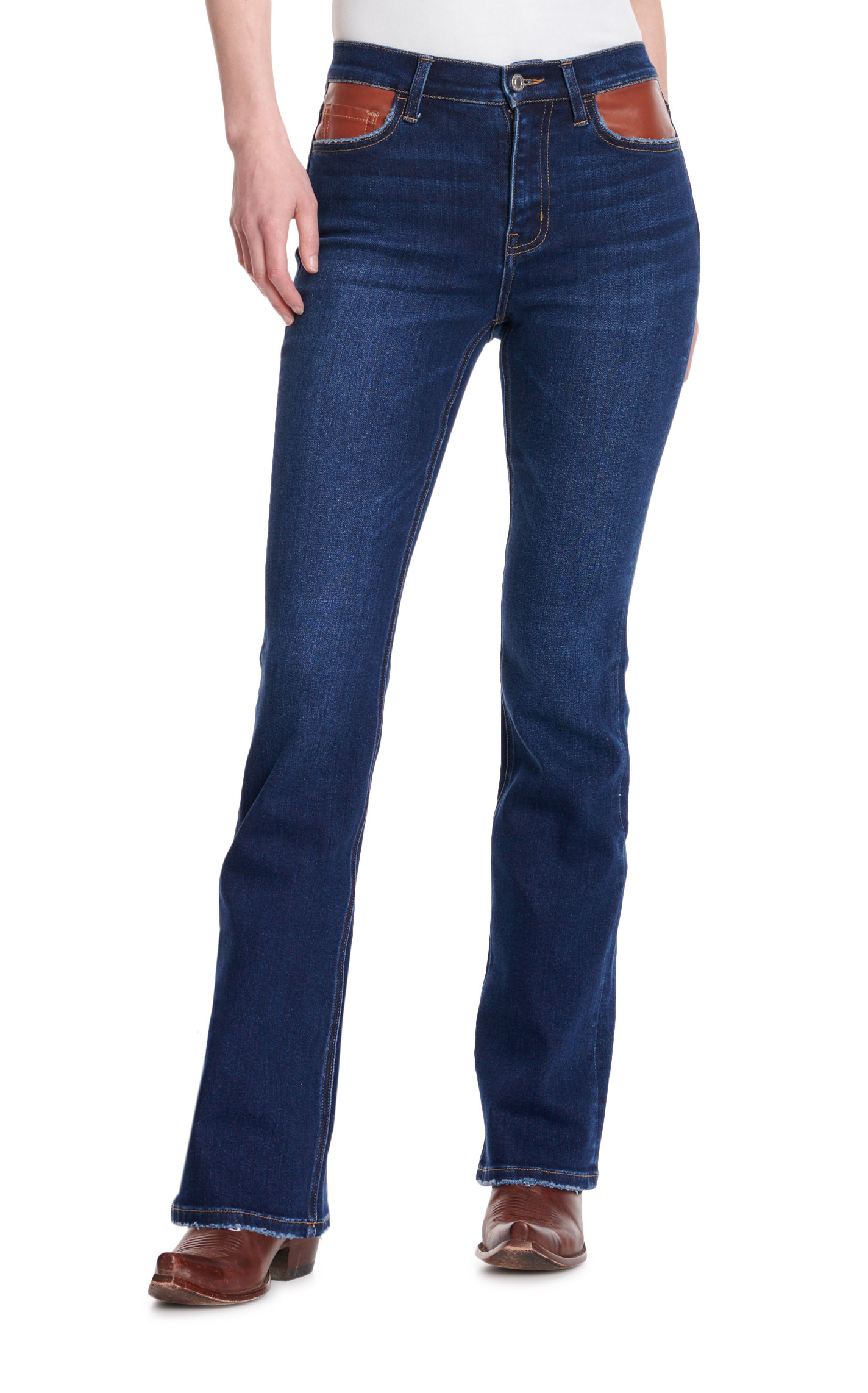 Vervet Women's Skylar Dark Wash Leather Front Pocket Boot Cut Jeans - Image 1